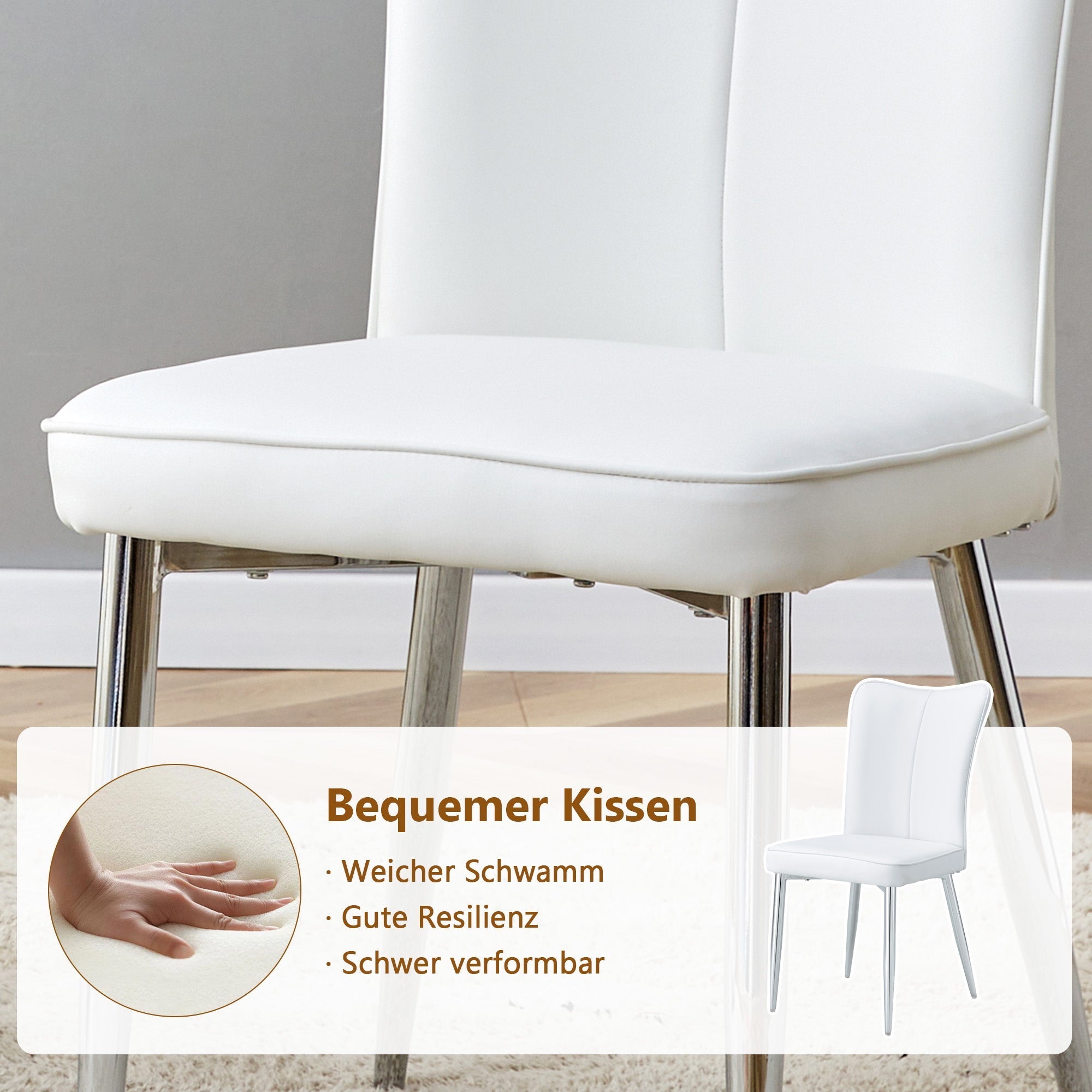 Modern Dining Set 85cm Tempered Glass Table with 2 PU Chairs - White