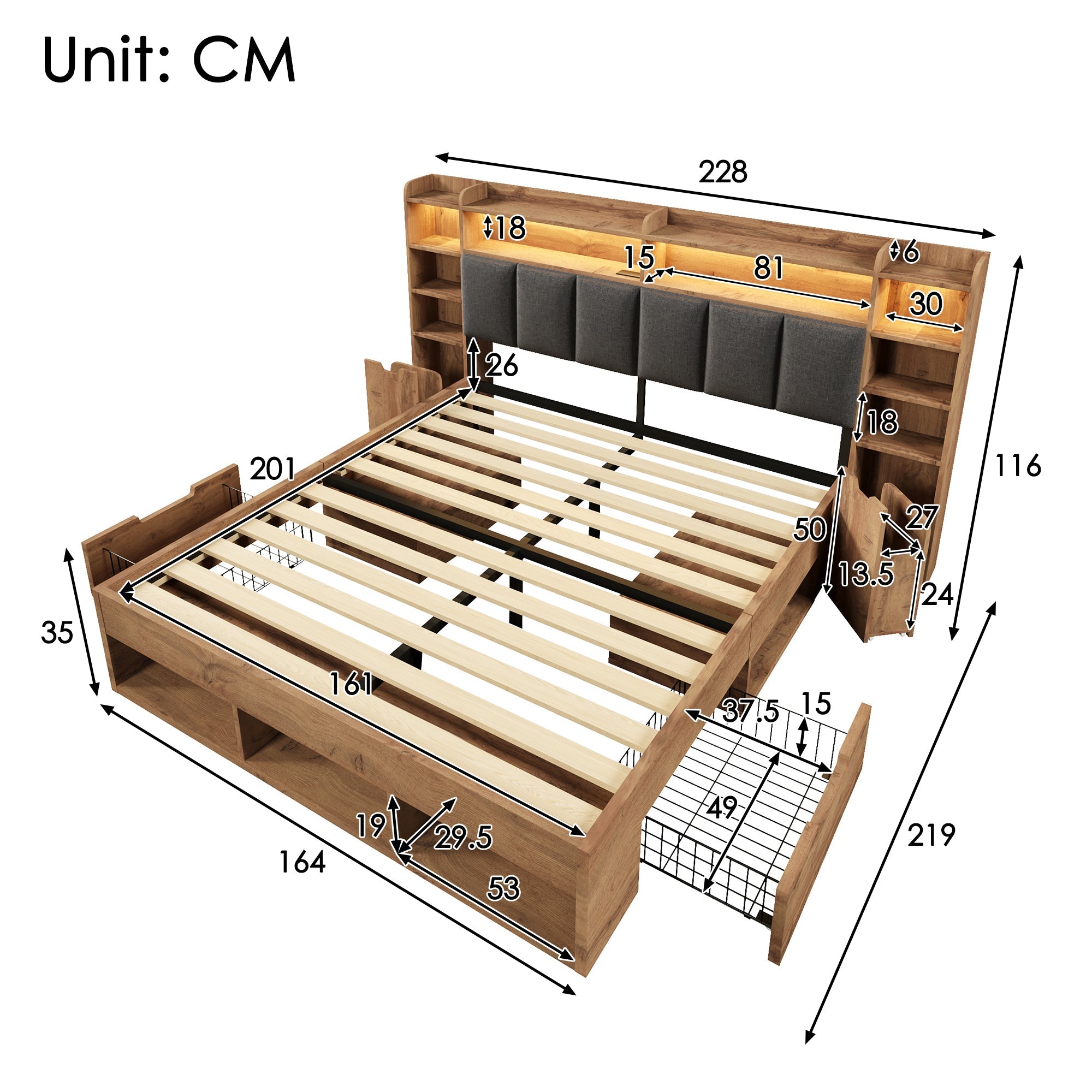 Double Bed System Bed with LED Headboard, Bedside Tables, USB Ports and Storage, 160x200cm, Oak Finish
