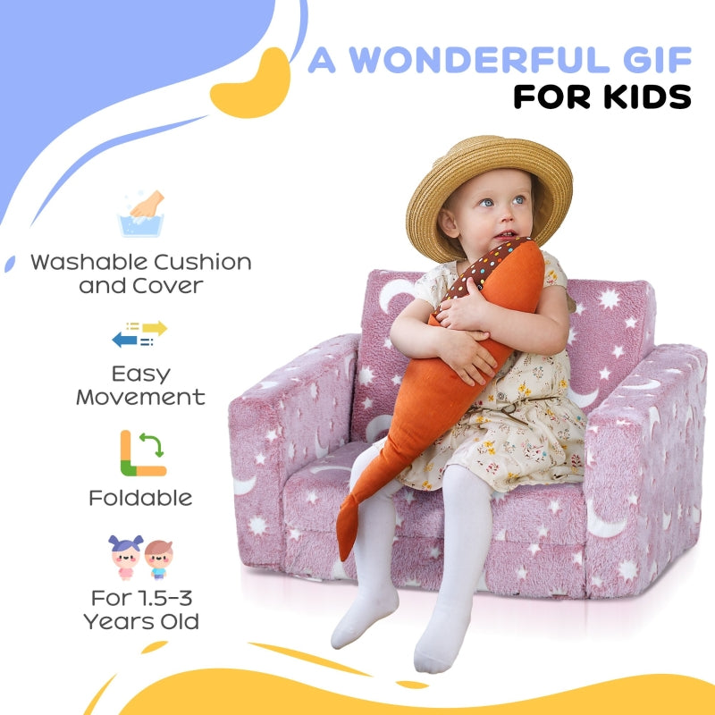 2 in 1 Kids Folding Bed Armchair, Glow in The Dark Cosmic Design Washable, Pink