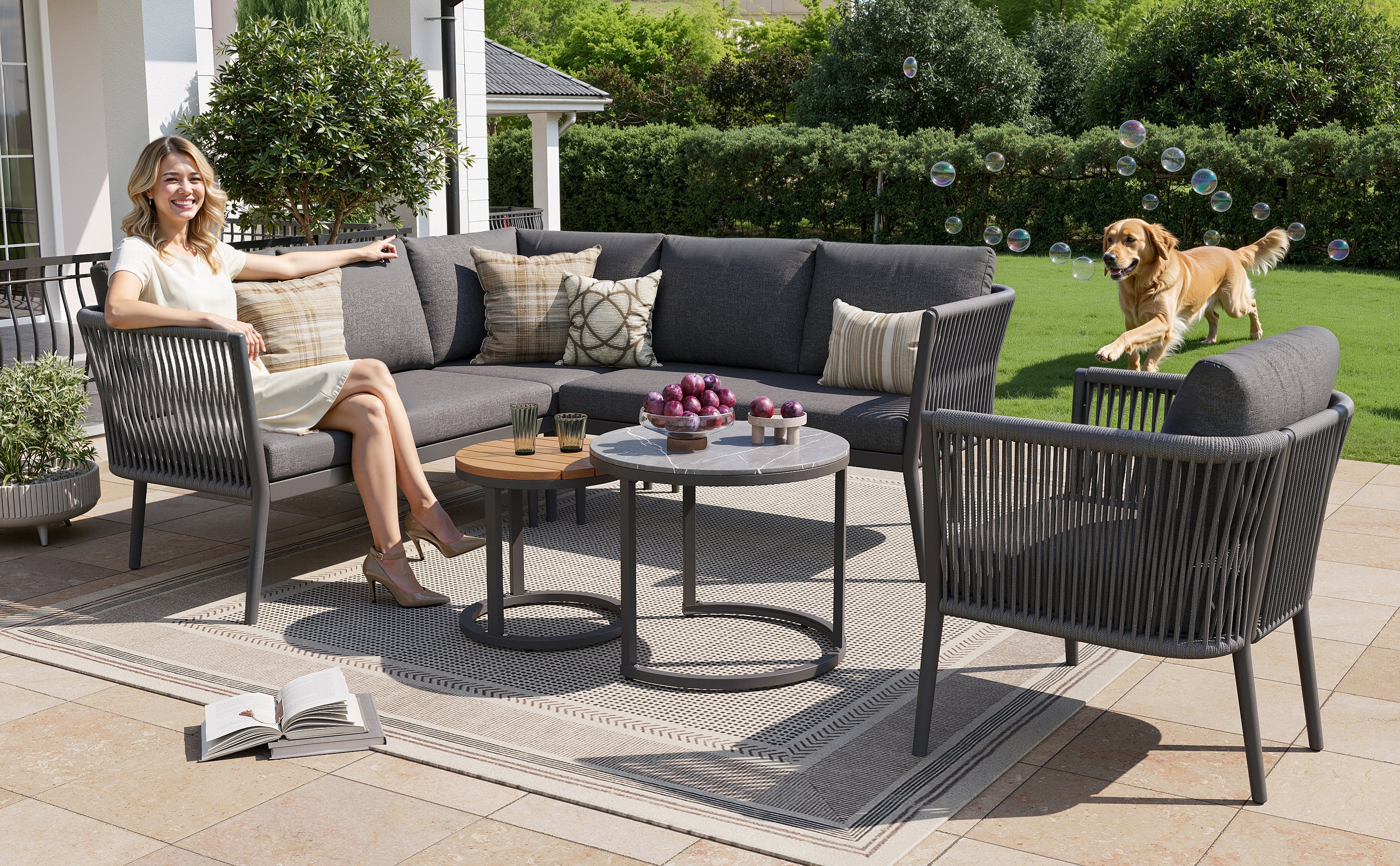 Garden Lounge Set for 5-6 People, 6-Piece Modular Corner Outdoor Sofa with Cushions, PE Rattan Grey