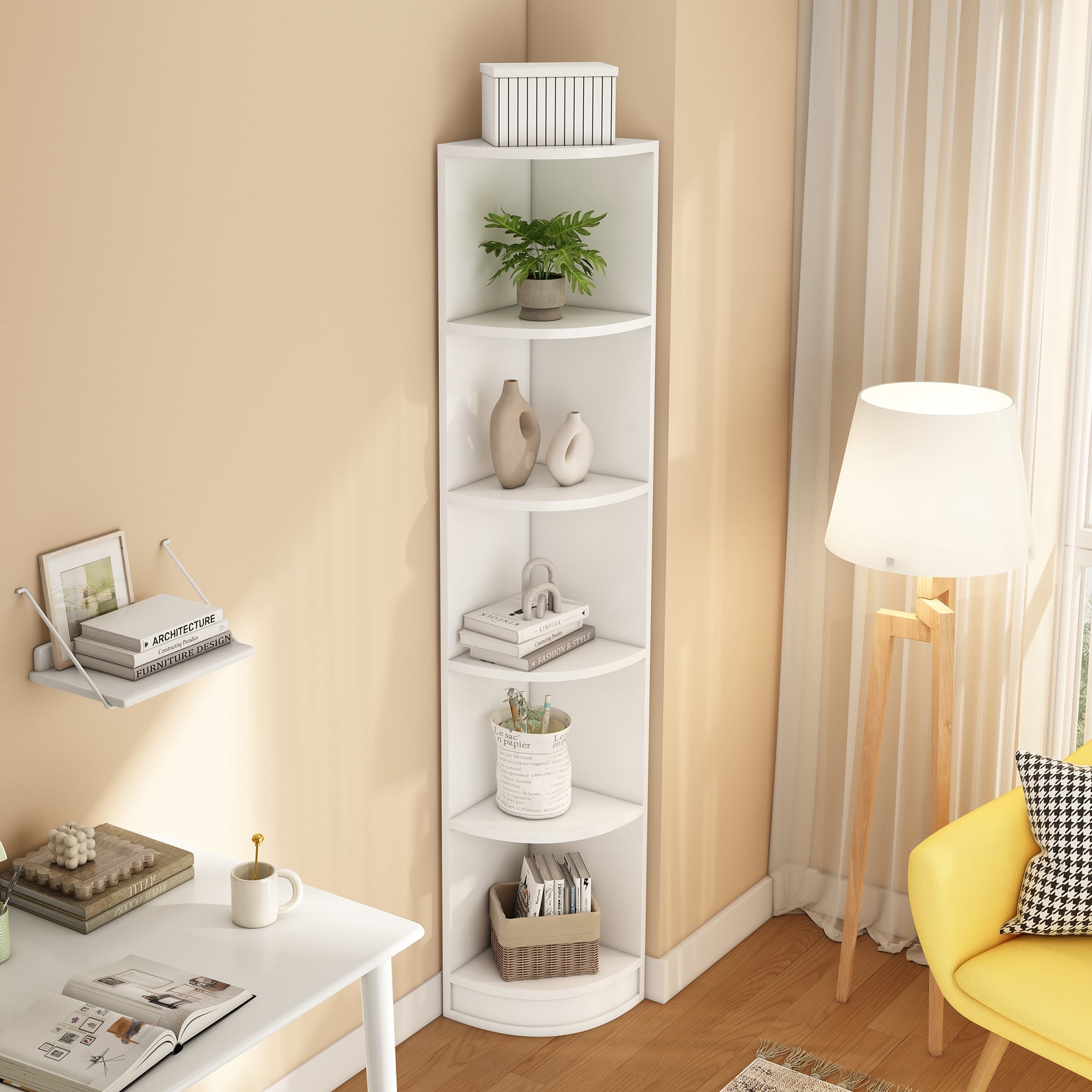 Corner Bookcase 5-Tier Storage MDF - White