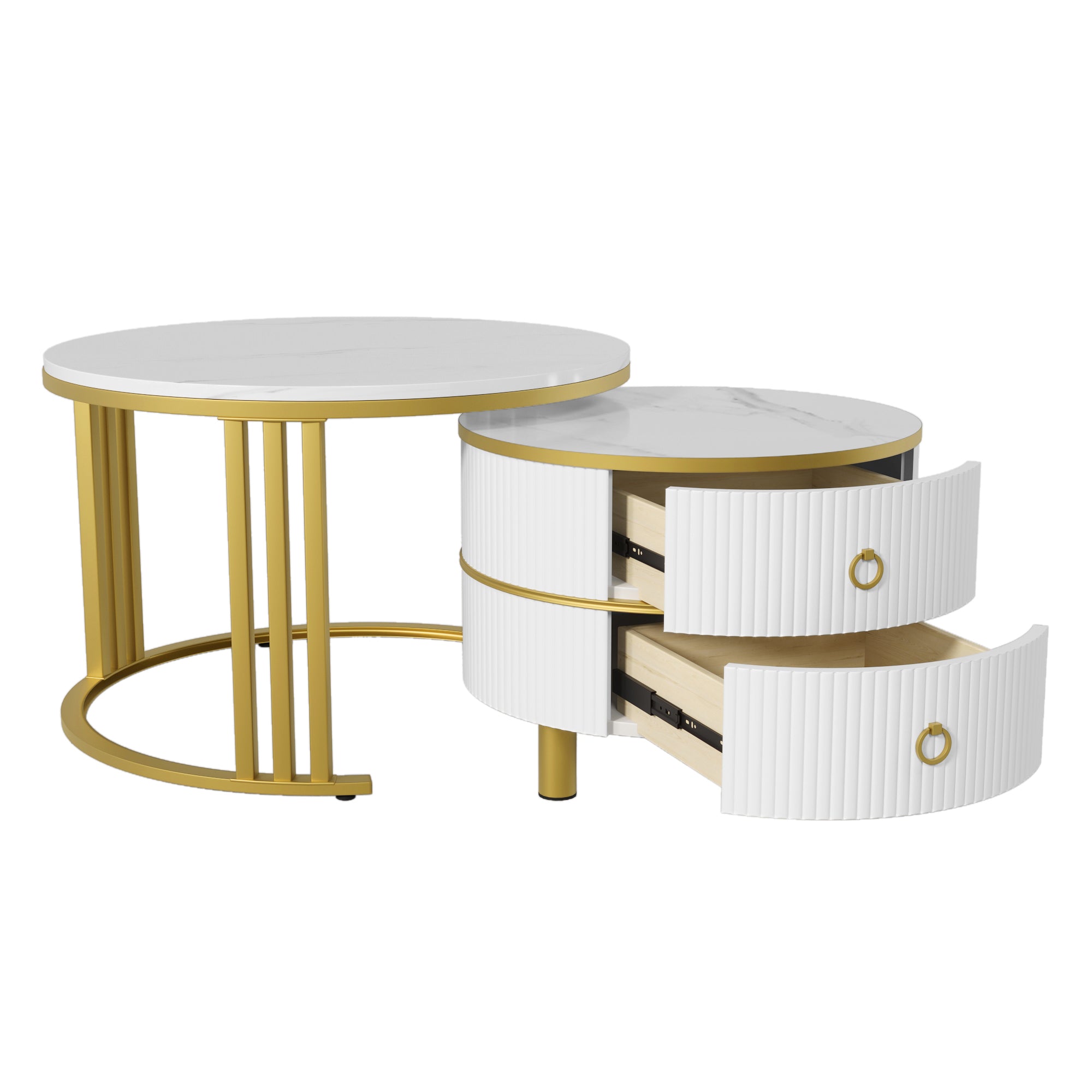 Coffee Table, 2-in-1 Round with 2 Drawers, White Marble & MDF