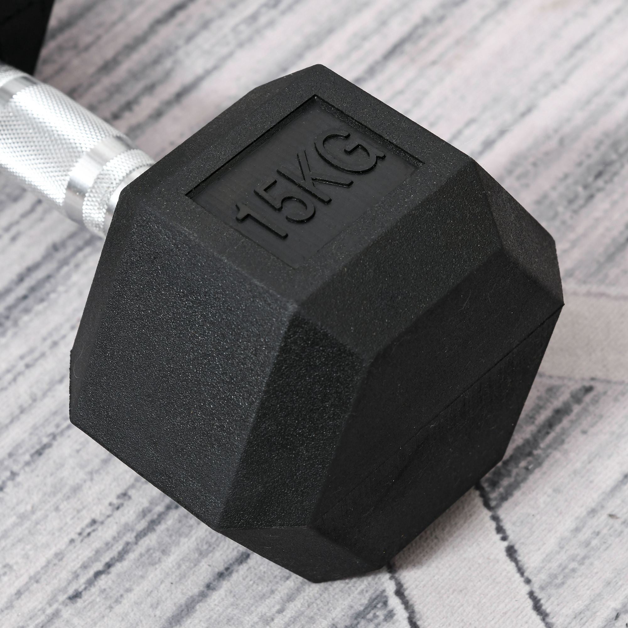 Hexagon Dumbbell, Knurled Handle, Rubber, Black