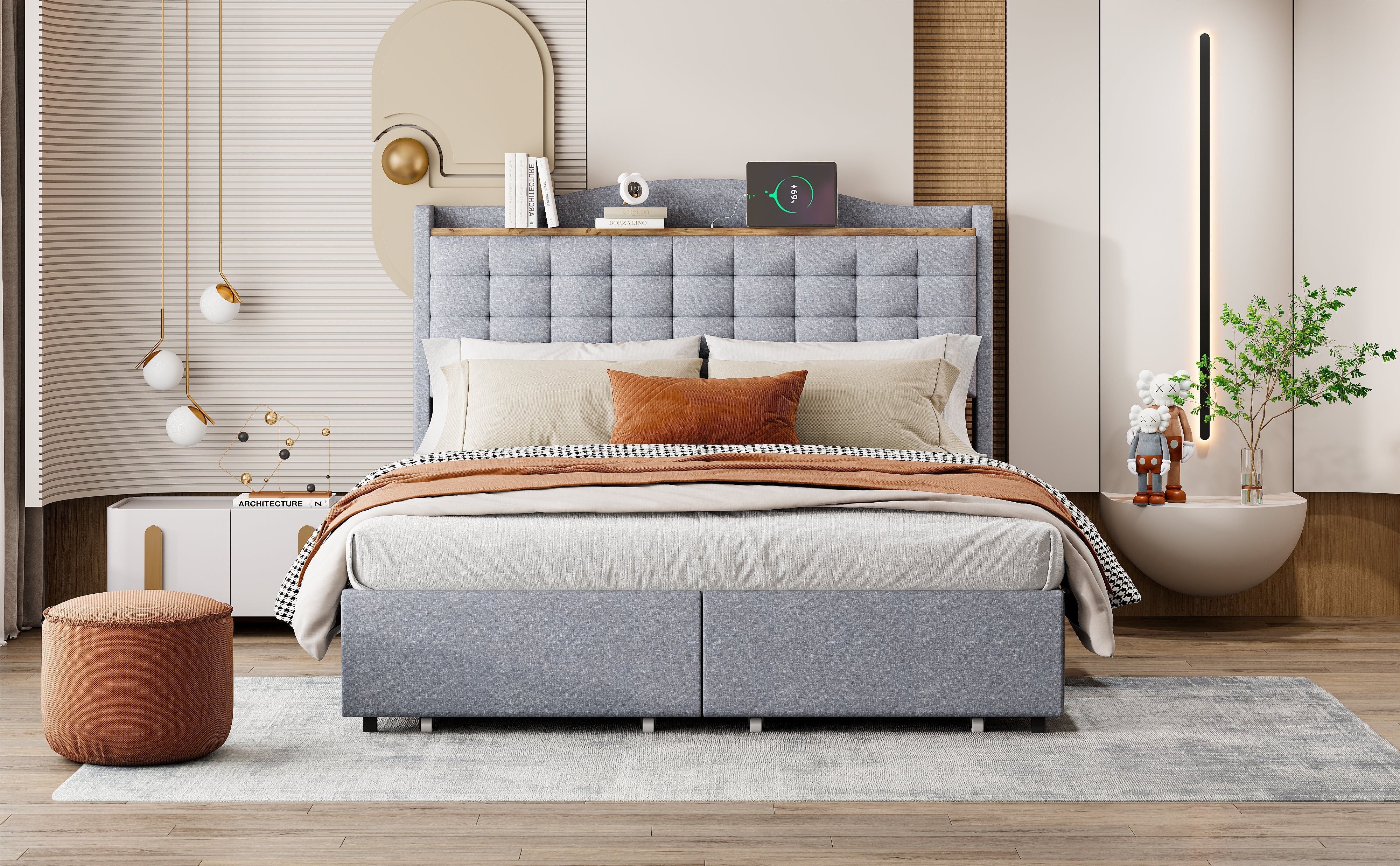 Upholstered Bed 140x200cm with USB & Storage, 4-Drawer, Linen Fabric Gray