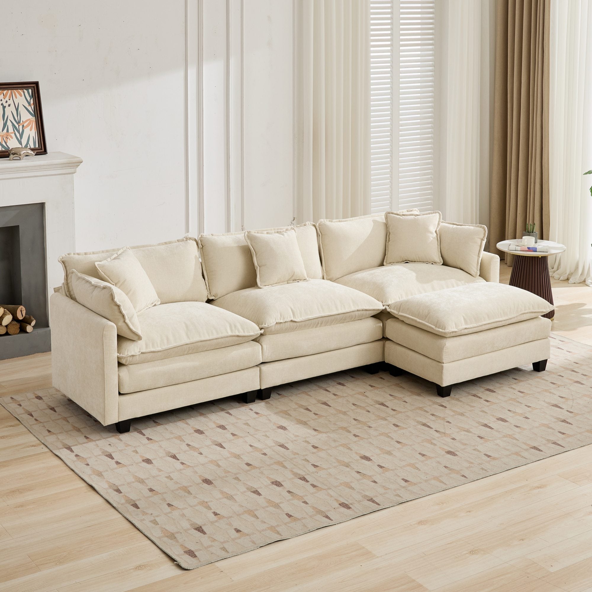 Cloud Sofa Ottoman - Modern Sectional Upholstered Cushion - Chenille Beige