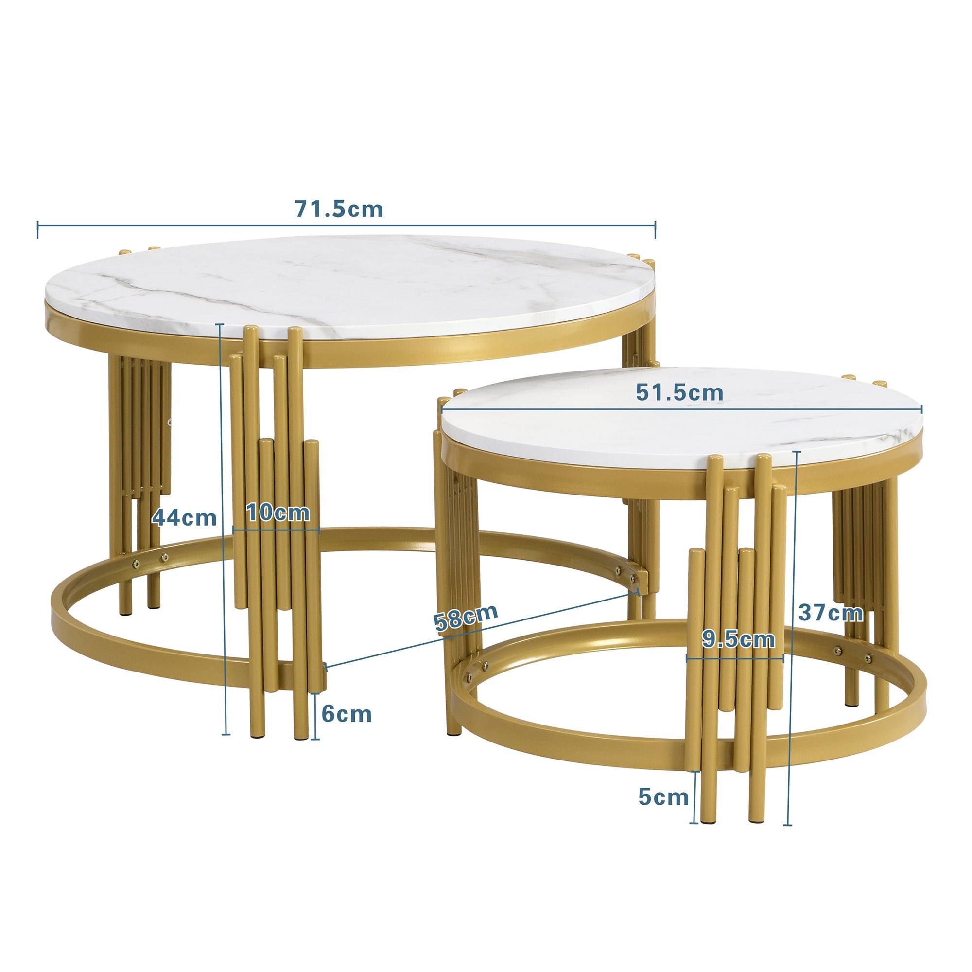 Modular Coffee Table Set, Round Golden Metal Frame, Marble Look