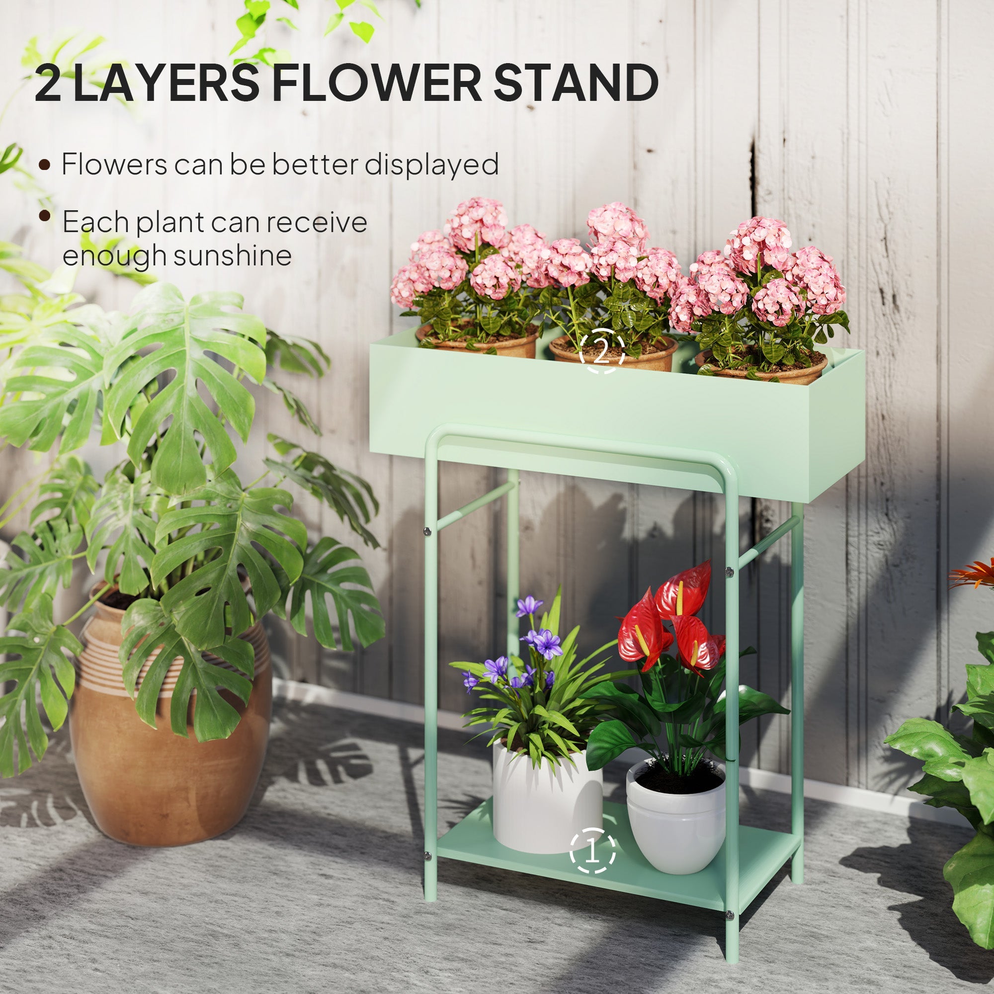 2 Tier Plant Stand with Drain Holes, Floor-standing, Indoor Outdoor Metal, Green