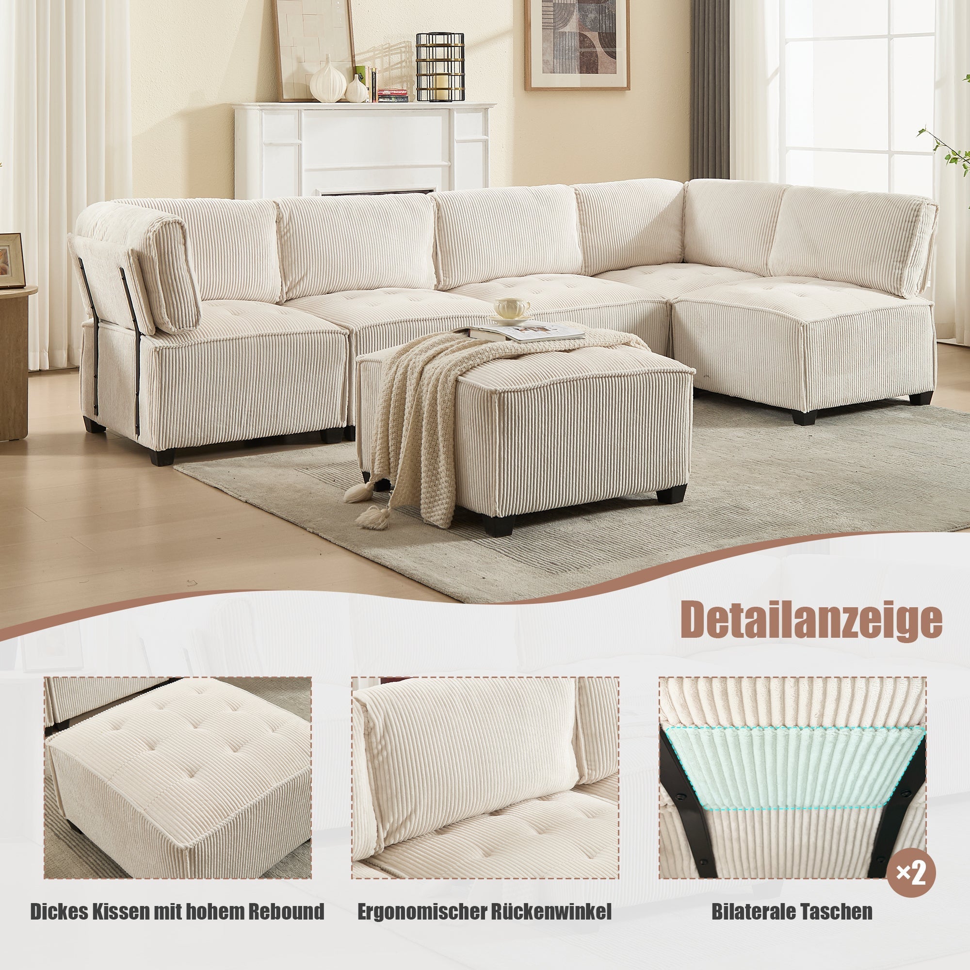 Modular 6-Seater Sofa 308cm Ergonomic Storage Pockets Corduroy, Beige