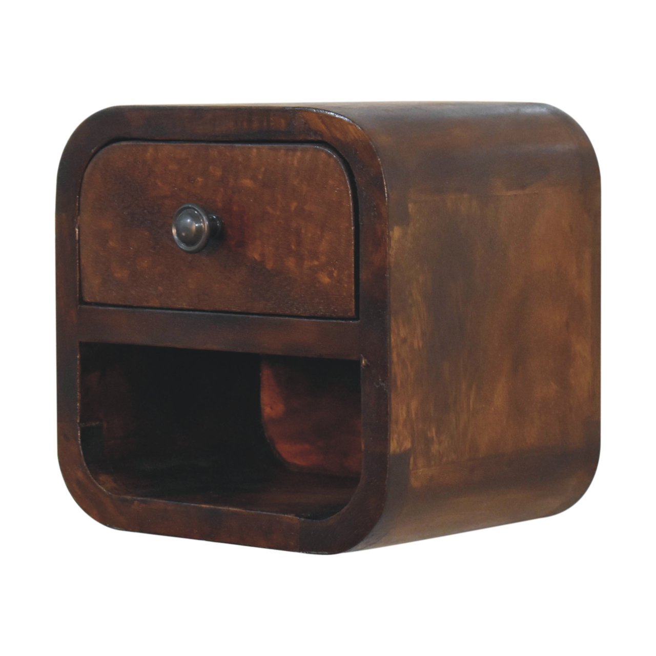 Solid Wood Extra Mini Curved Bedside, 1 Drawer and Open Shelf, Dark Brown