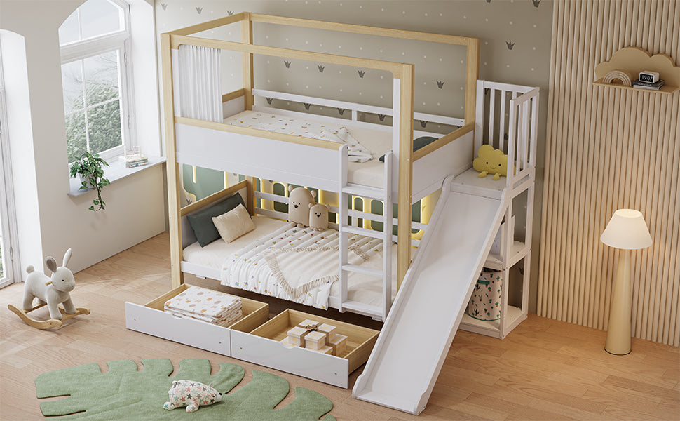 Bunk Bed, Children's with Drawers, Slide & Fabric Curtain, Pine, MDF, Plywood, White & Natural, 90x200cm