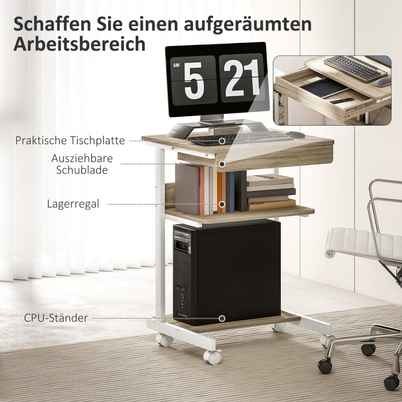 Rollbarer Schreibtisch mit Schublade, Ablagen, 4 Rollen, Spanplatte & Metall