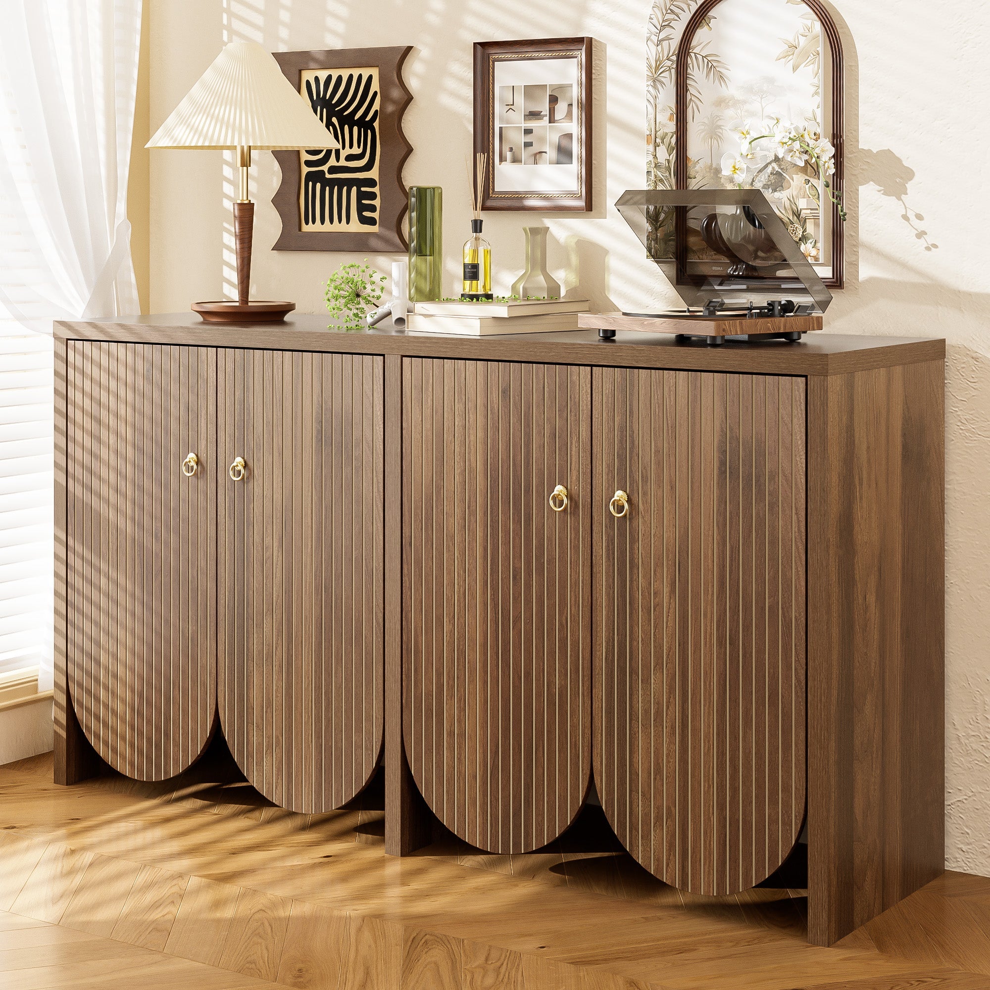 Sideboard Storage Cabinet 4 Doors Adjustable Shelves, Walnut Finish