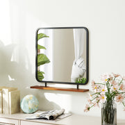 Wall Mirror with Wooden Shelf, Rectangular, Black