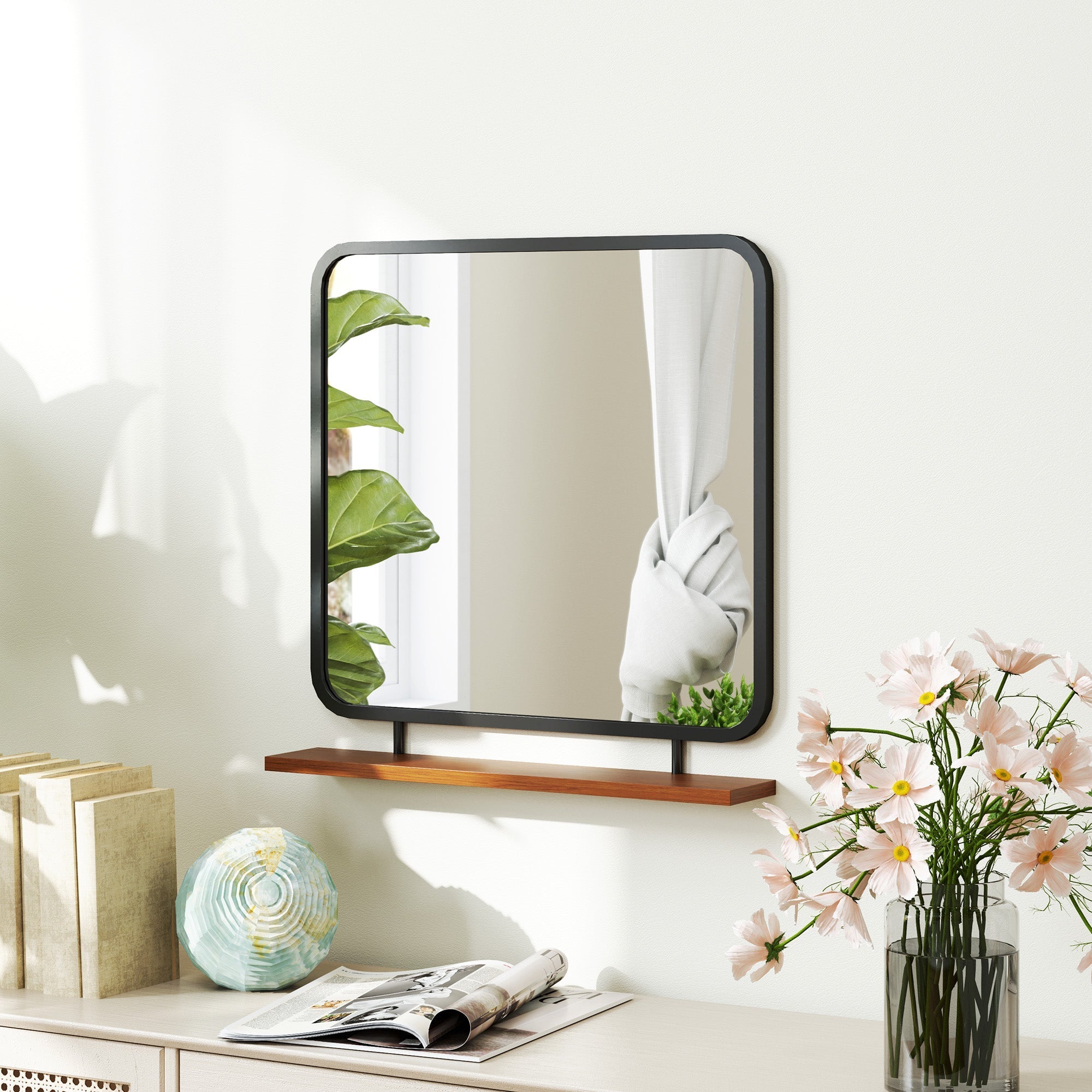 Wall Mirror with Wooden Shelf, Rectangular, Black