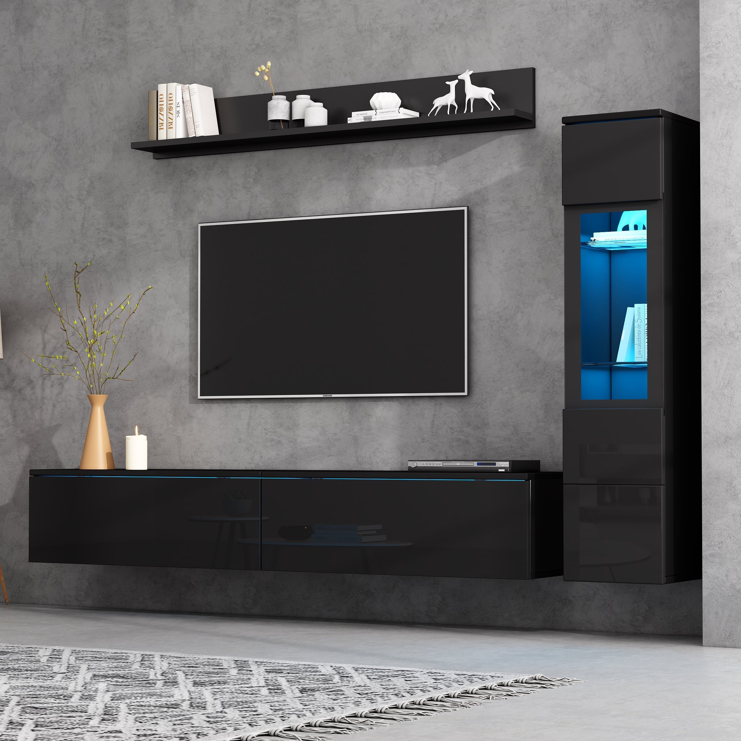 3-Piece TV Wall Unit Set High-Gloss LED Display Cabinet & Shelf Black
