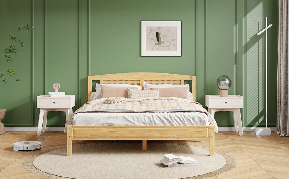 Double Rattan Bed 160x200cm, 15 Slats Pine + PE Rattan, Natural