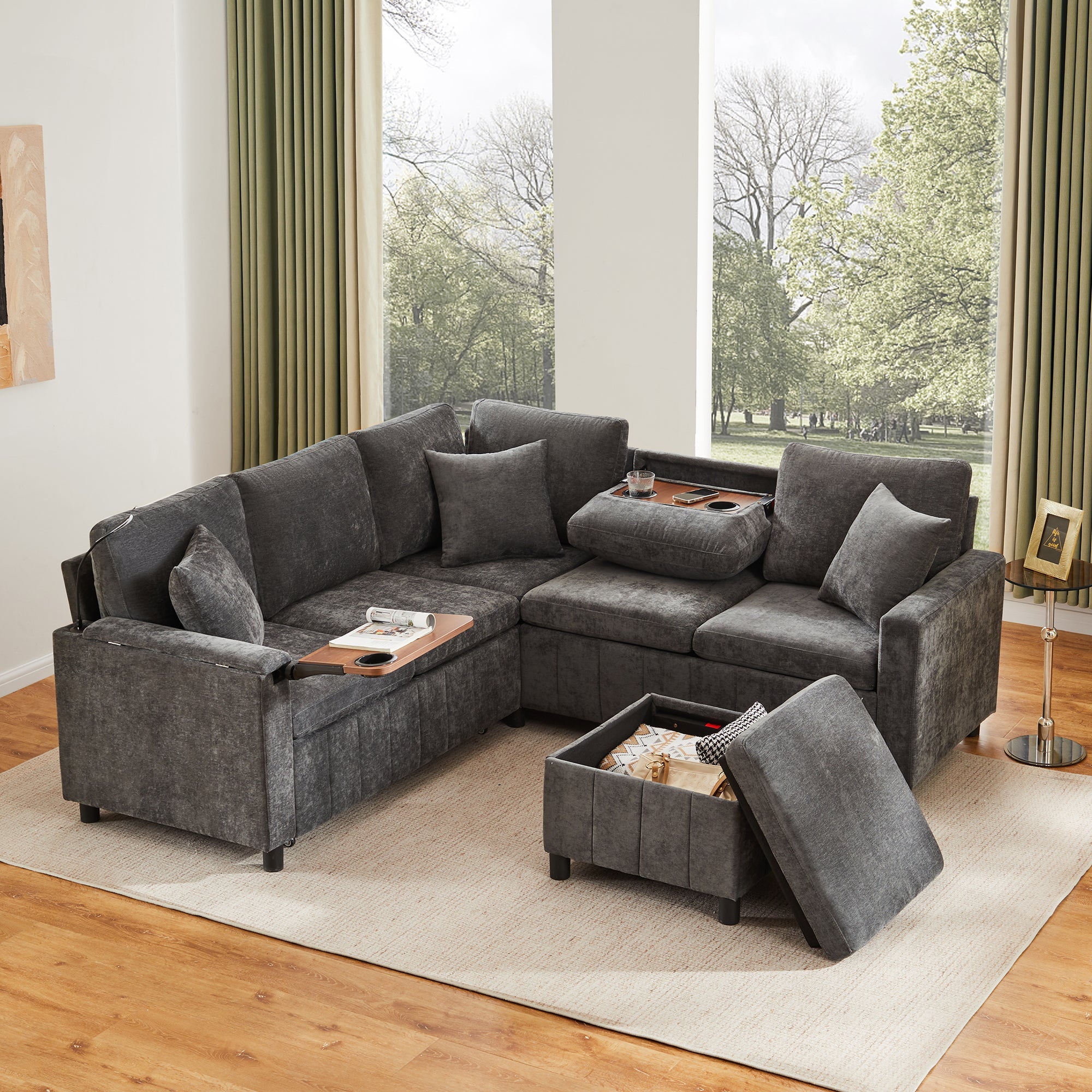 Chenille Corner Sofa Bed with Ottoman, USB Charging and Hidden Table, Grey