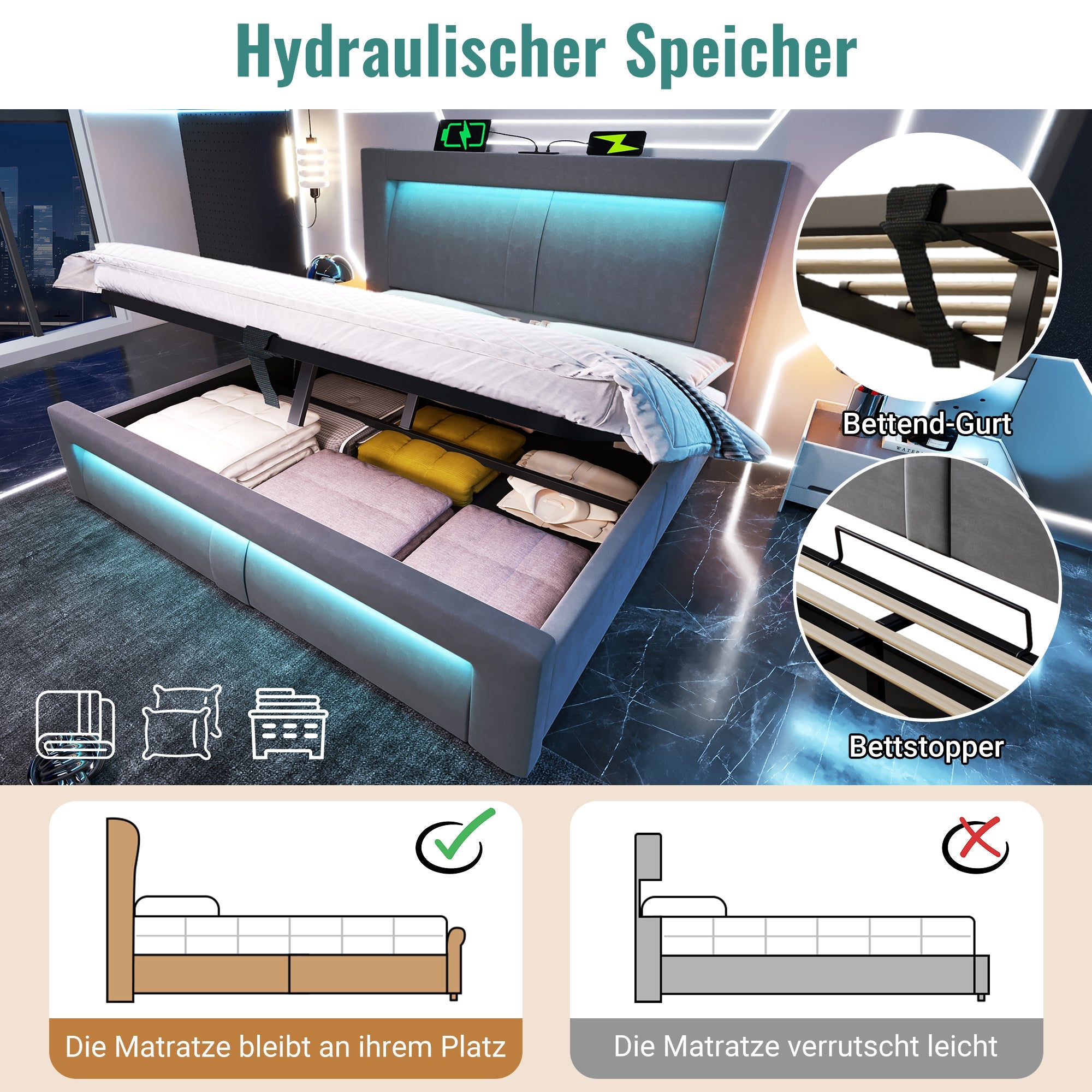 Double Bed 140x200 cm with Hydraulic Storage, LED, USB and Type-C, Grey Velvet