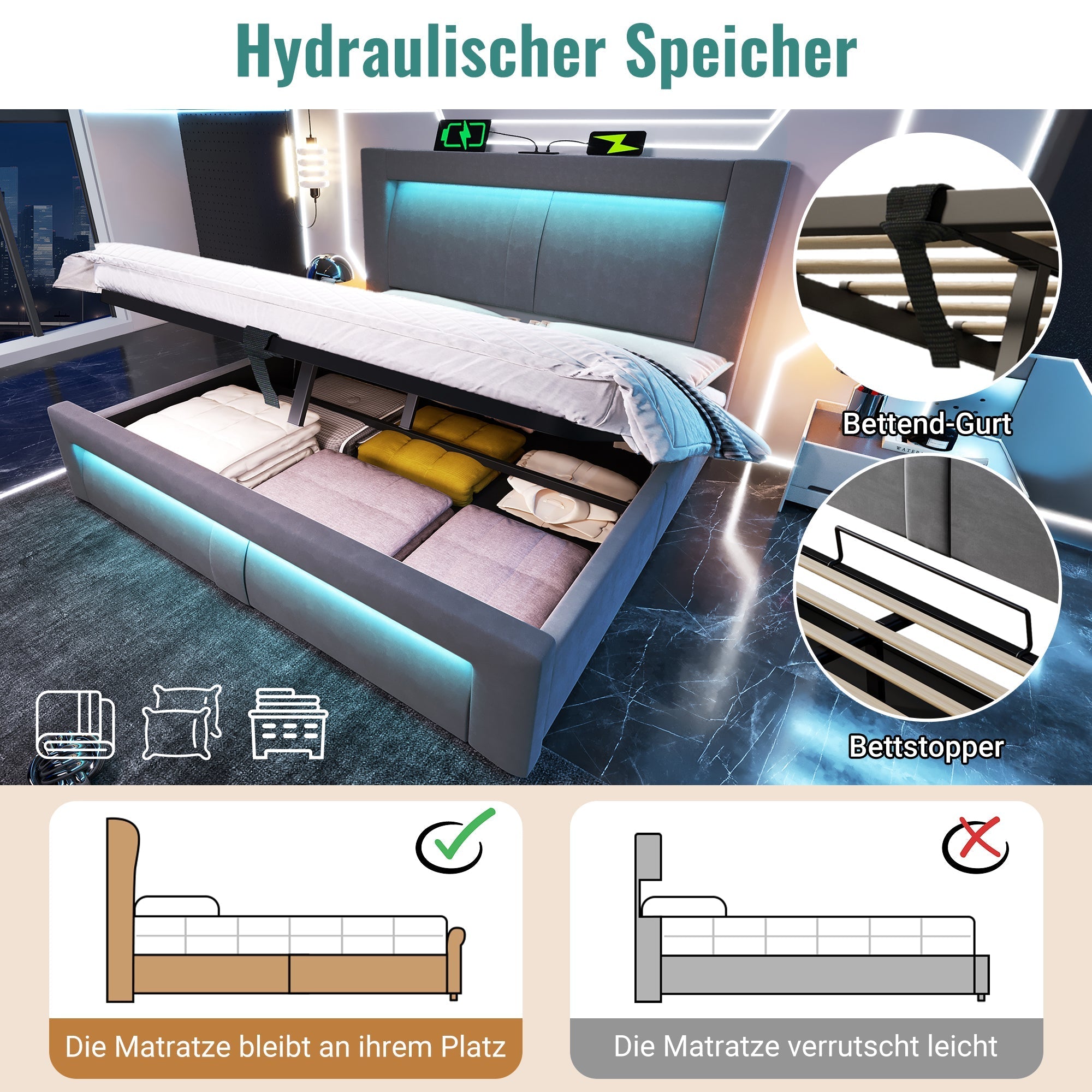 Double Bed with Hydraulic Storage, LED, USB and Type-C Ports, 140x200cm, Grey Velvet
