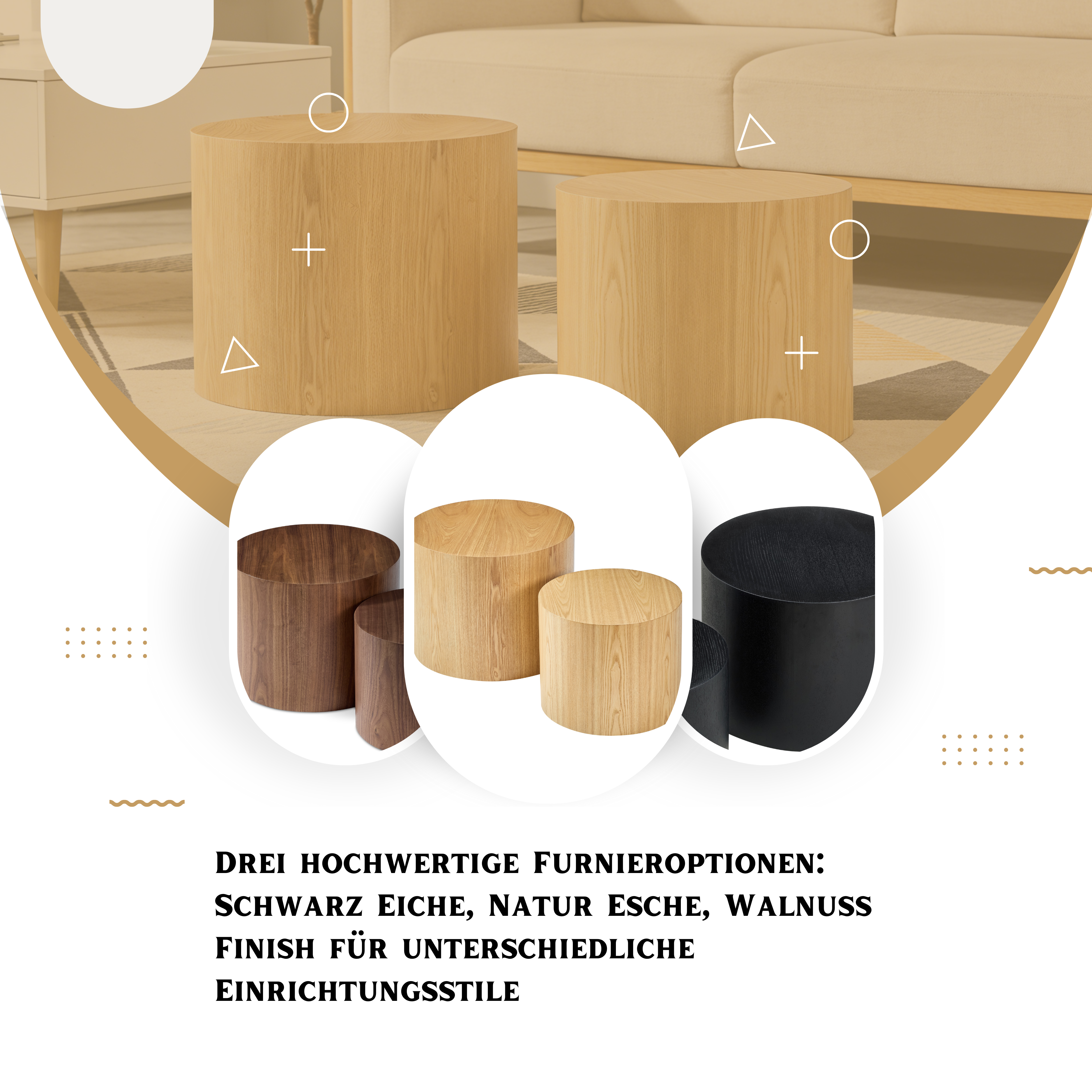 Modular Nesting Coffee Table Set of 2 Solid Wood Cylinder Design - Natural, Black & Walnut