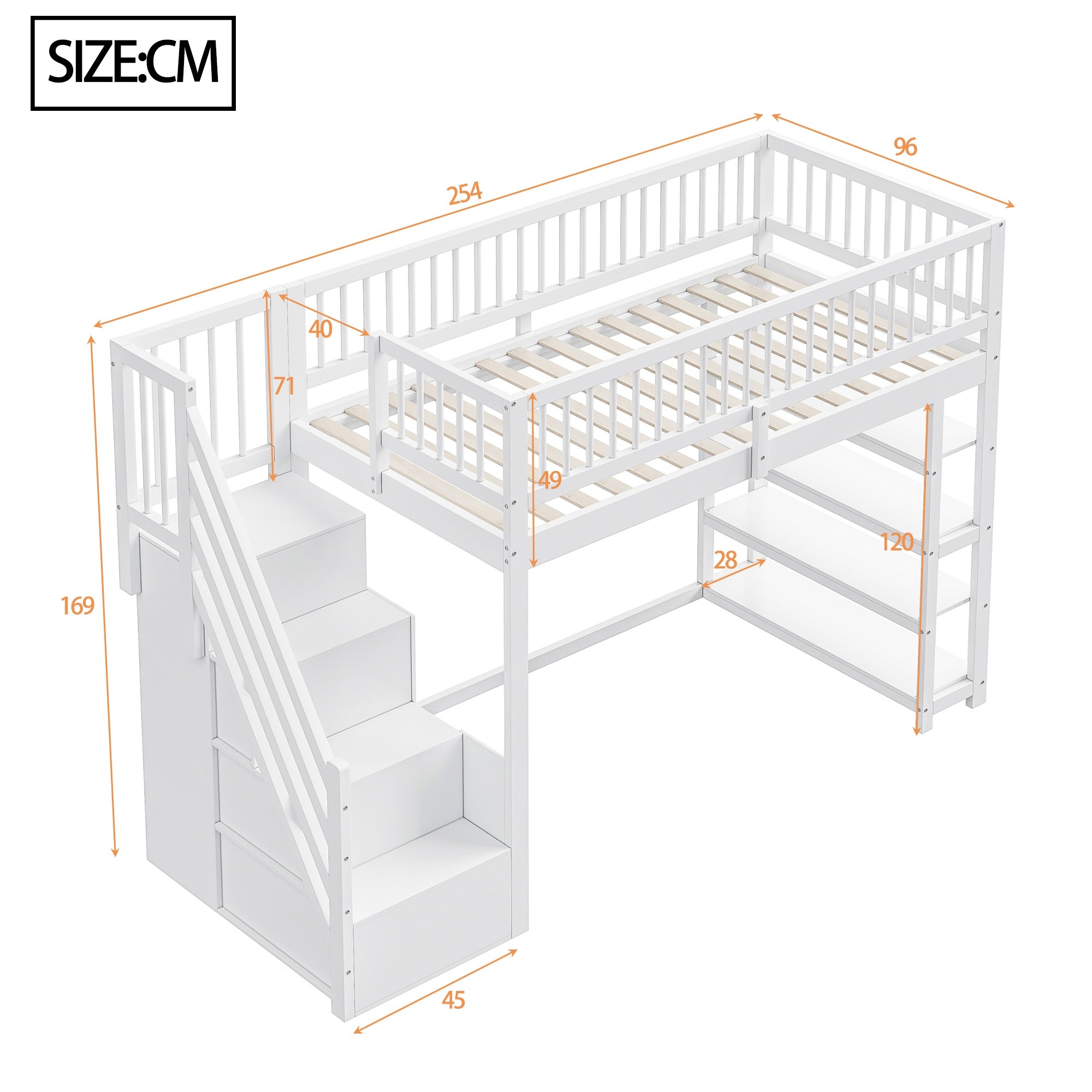 Loft Bed, 90x200 Multifunctional with Wardrobe, Shelves, Ladder, Solid Wood, White