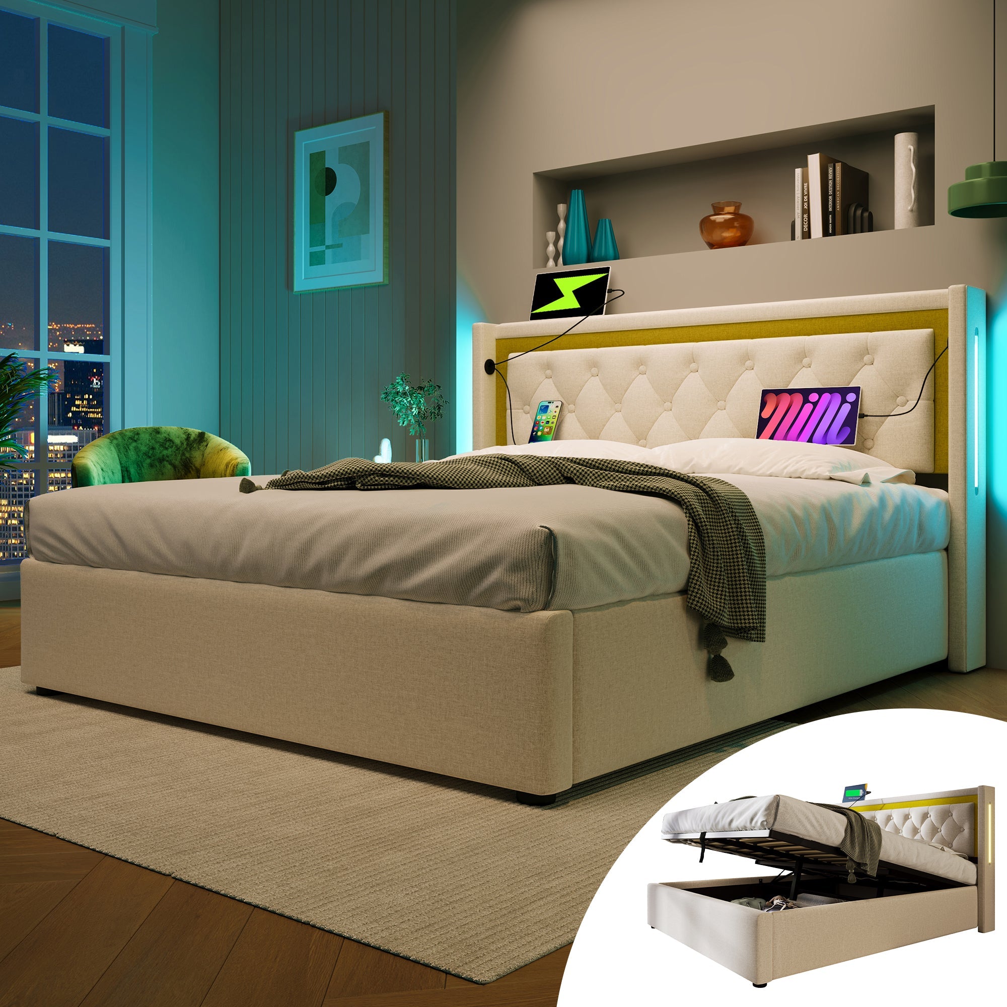 Upholstered Bed LED Double Bed with Storage, USB, Type C, 160x200 Cotton