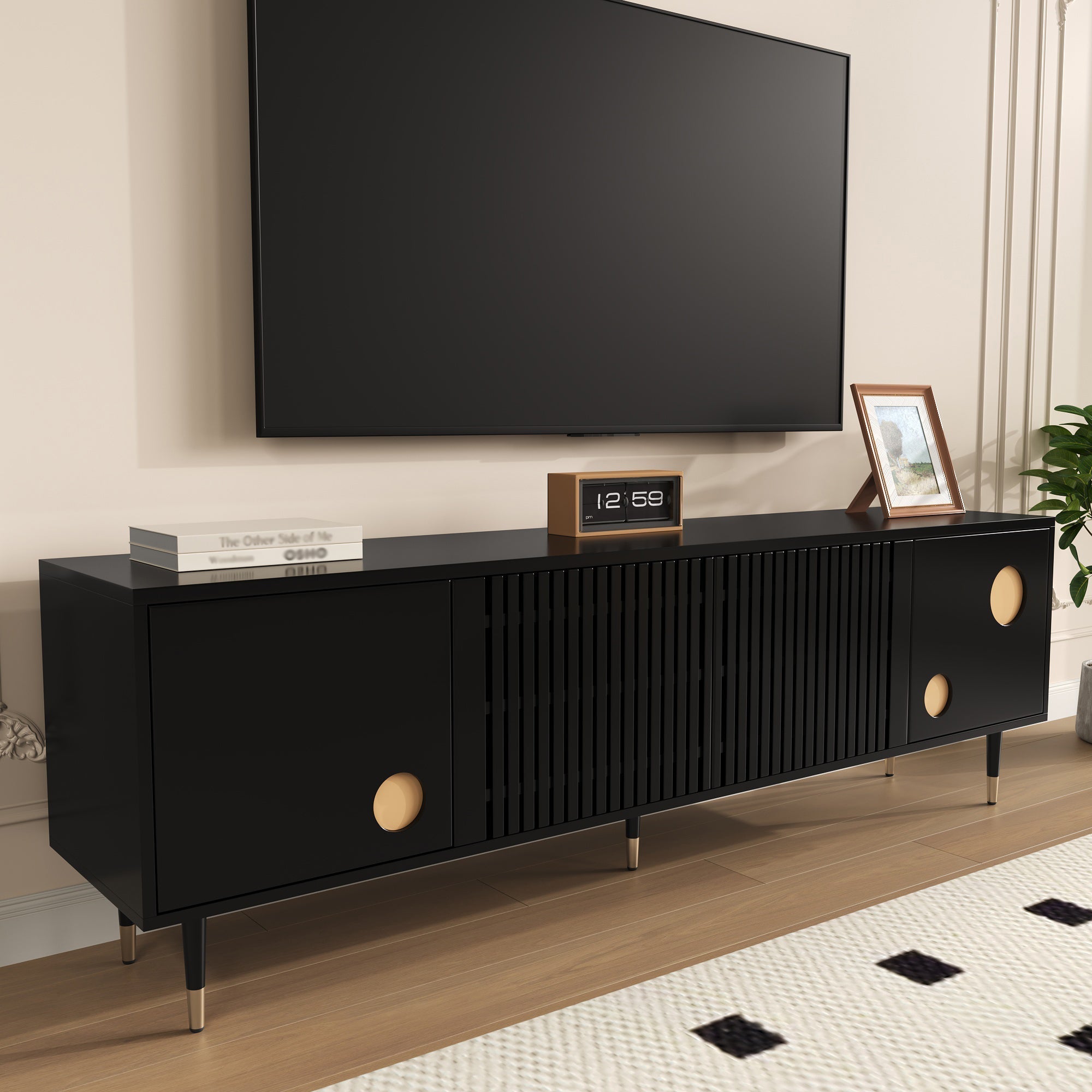 TV Cabinet, Lattice, Hidden Handles, Gold Decor, Solid Wood