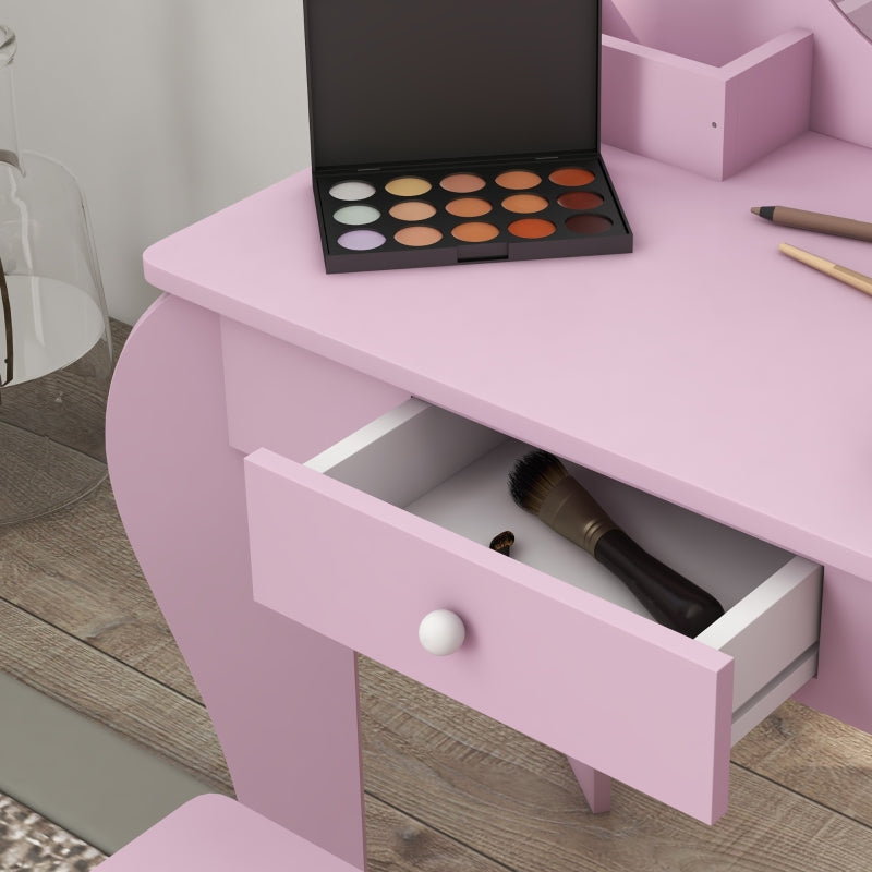 Kids Vanity Table with Mirror, Stool, Drawer, Cat Design, for Ages 3-6 Years - Pink