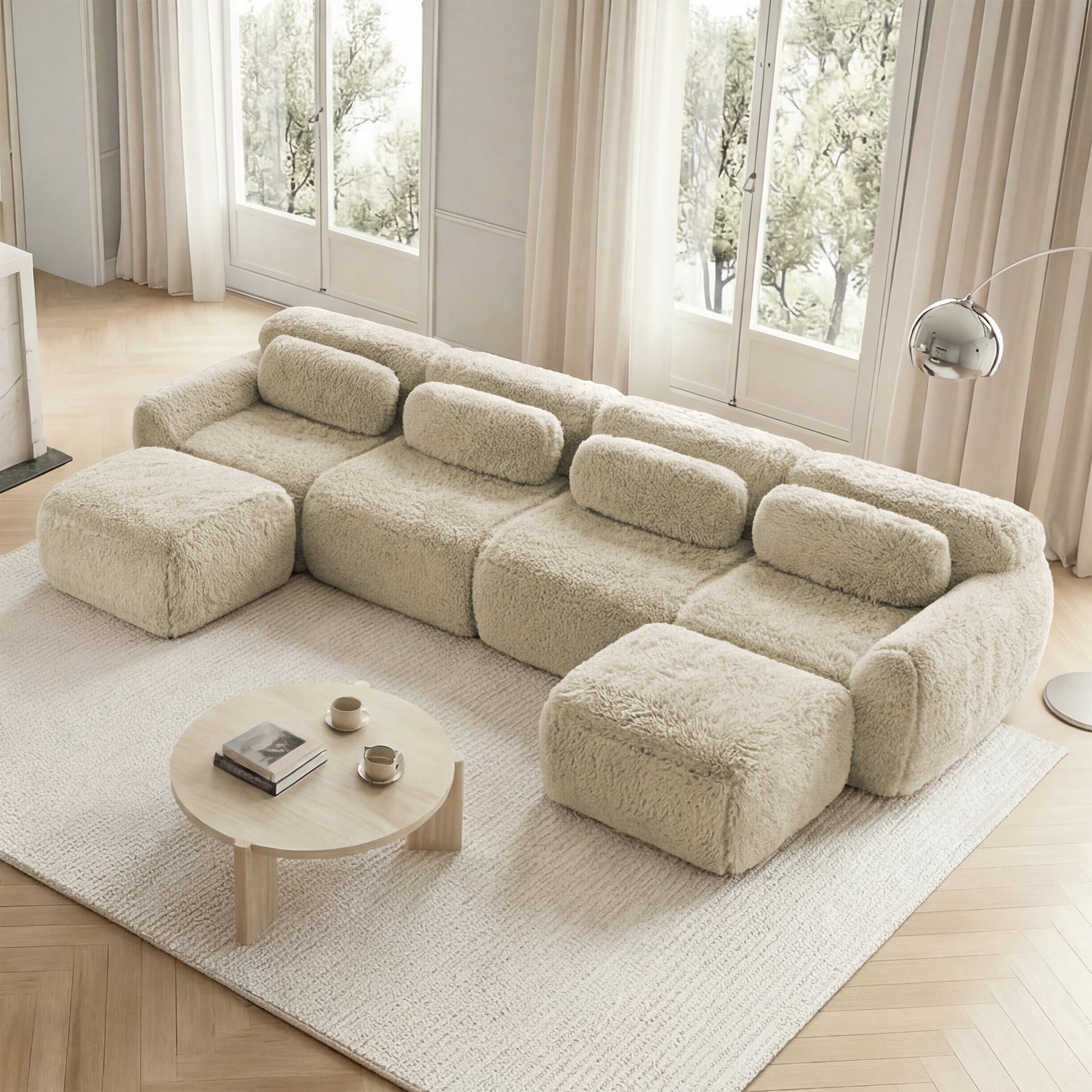 U-Shaped Modular Sofa - No Assembly, Plush Fabric - Light Khaki