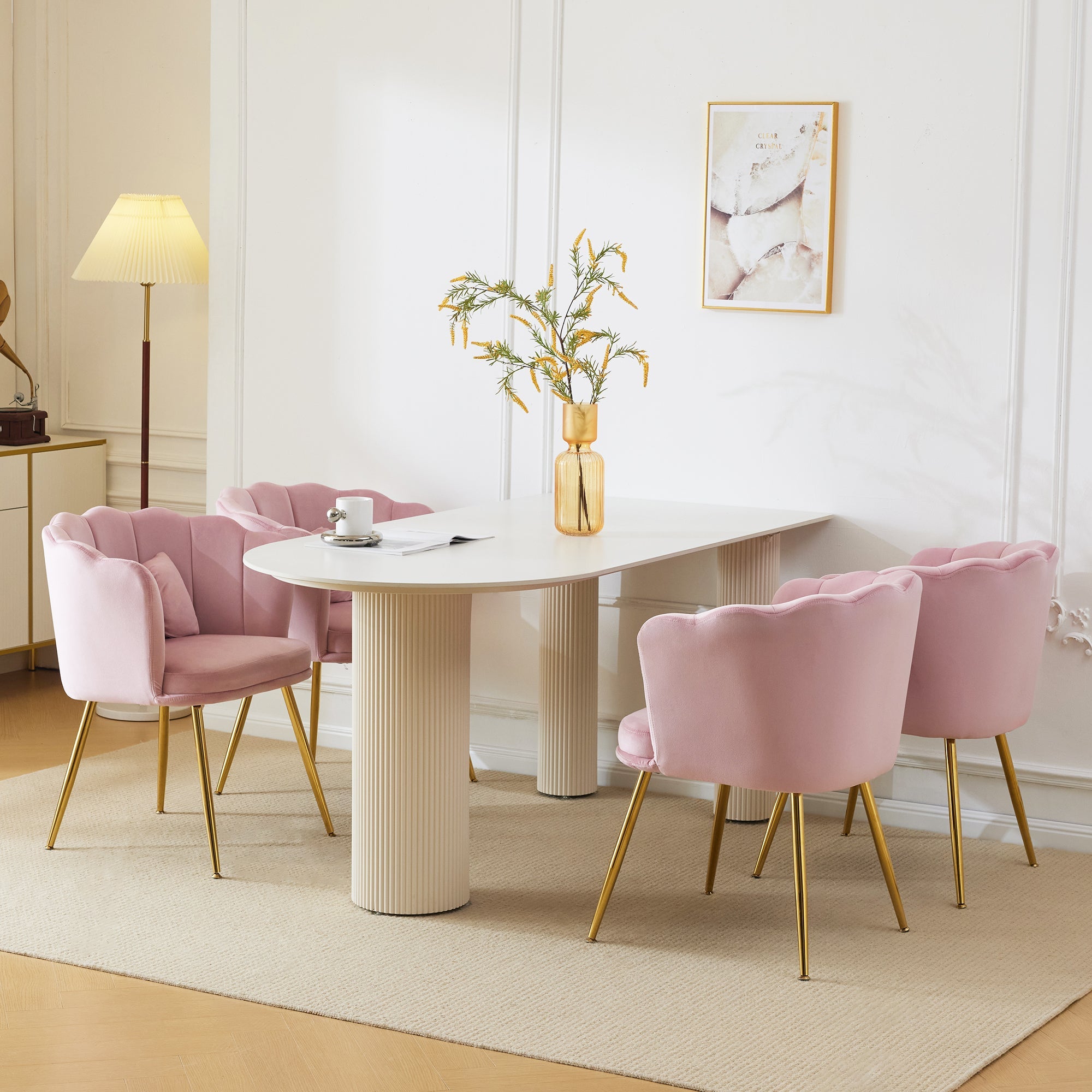 Velvet Chairs, Set of 4 Modern Upholstered with Petal Back & Butterfly Cushion, Gold Metal Legs
