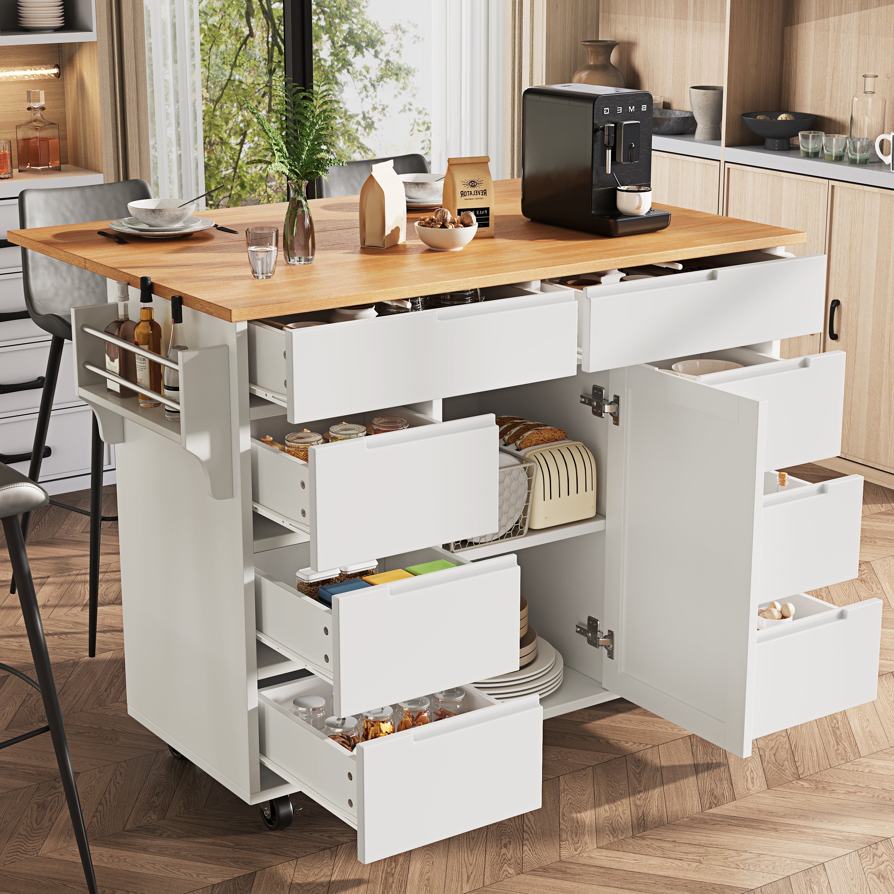 Extendable Kitchen Island Trolley 8 Drawers Worktop Wheels - White