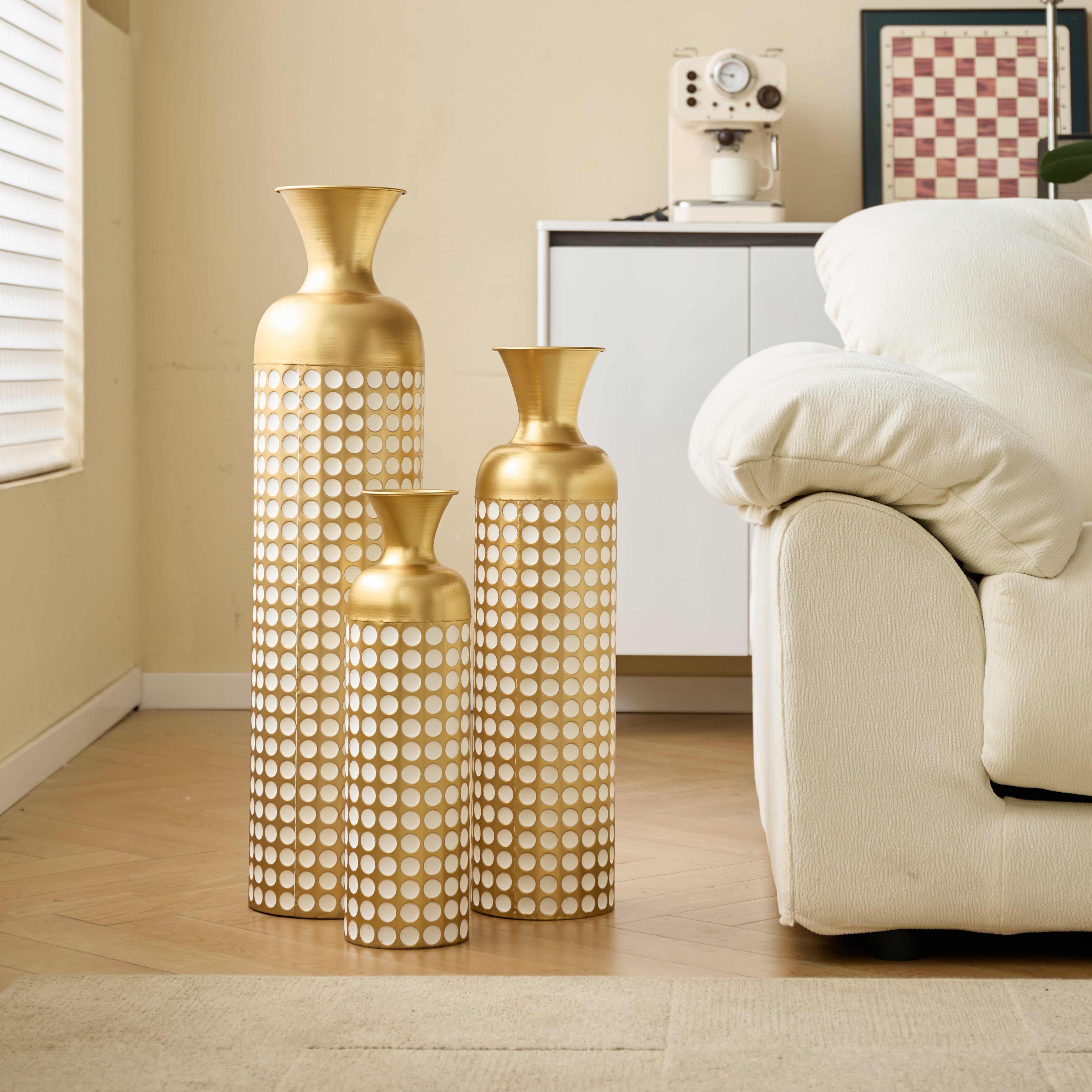 Floor Vase Set, 3 High Retro Vases 83/65/50cm, Decorative Metal Antique Gold