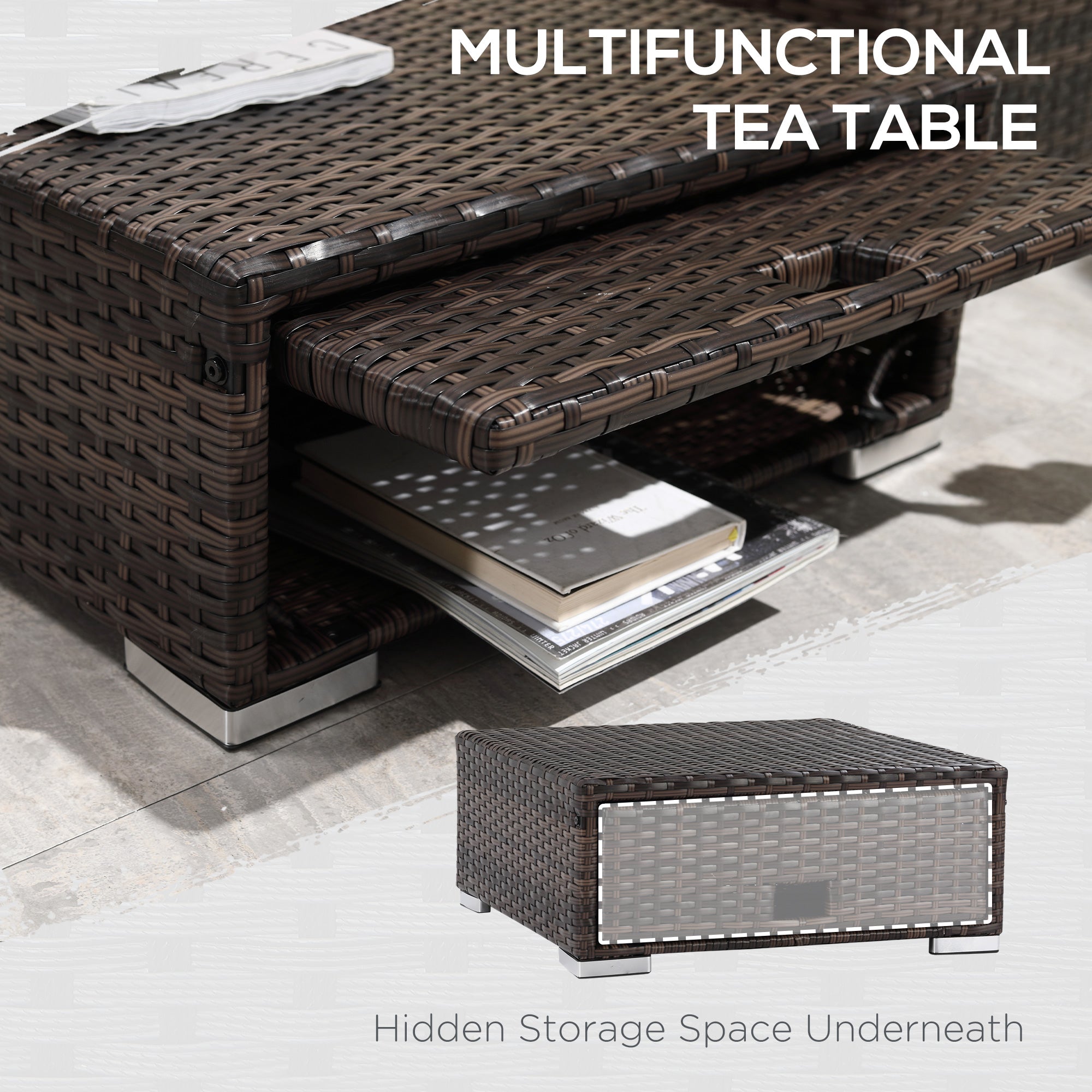 3 Pieces Garden Sofa Set, 4 Seater Corner Sofa with Reclining Sun Lounger & Storage Table, Brown Rattan