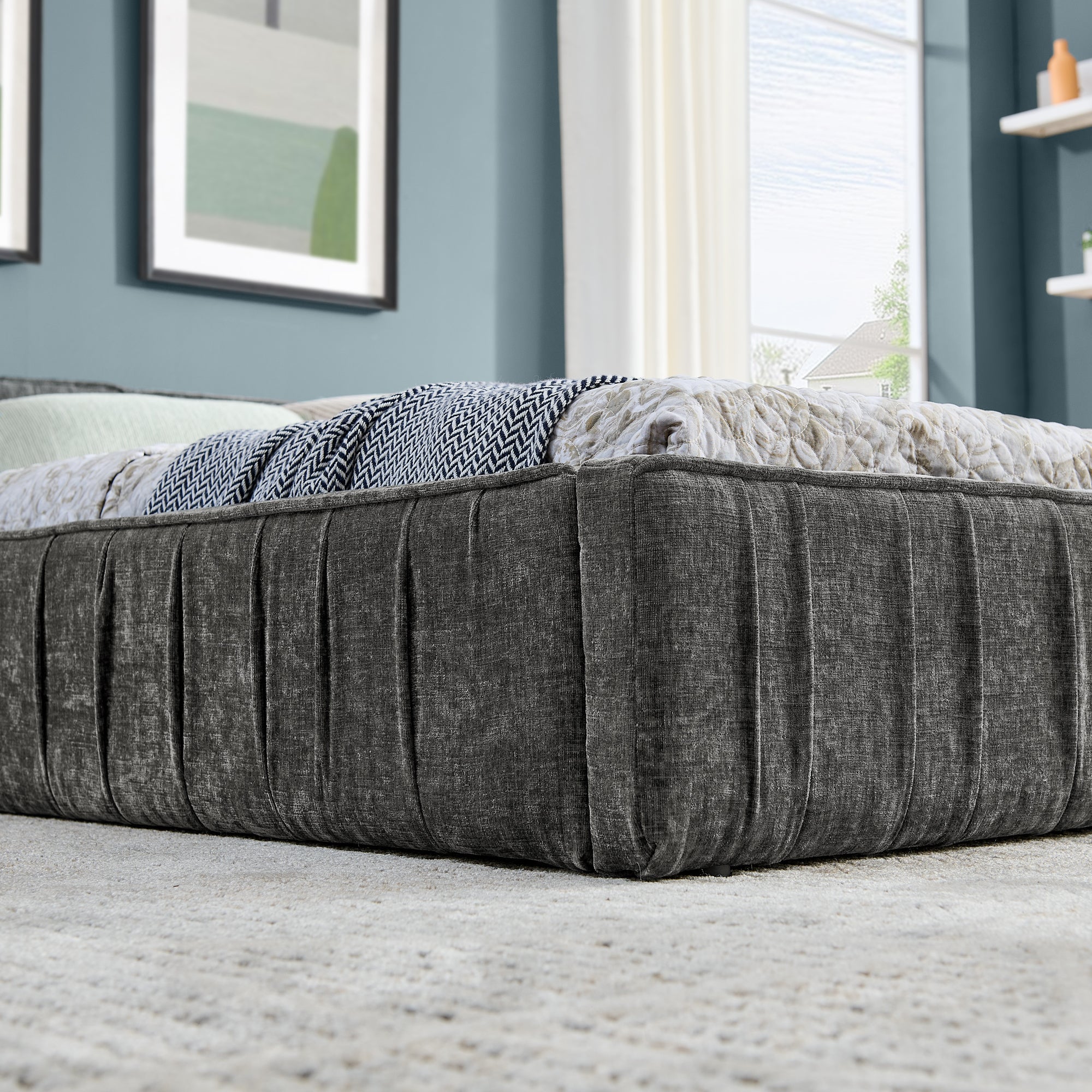 Double Bed 160x200cm Chenille Eucalyptus Wood Iron Frame - Dark Grey