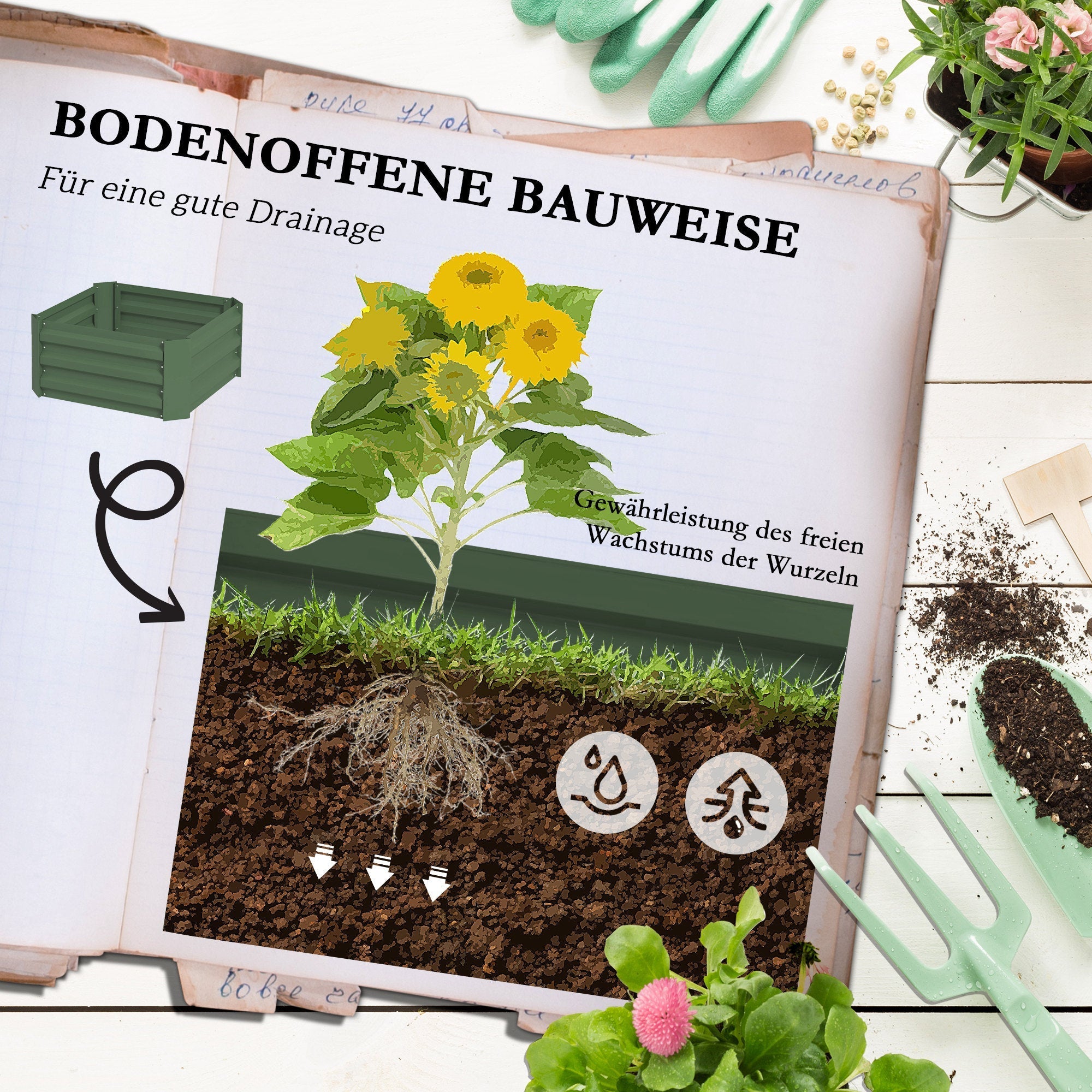 Raised Garden Bed with Trellis Flower & Vegetable Planter, Galvanized Steel, Green