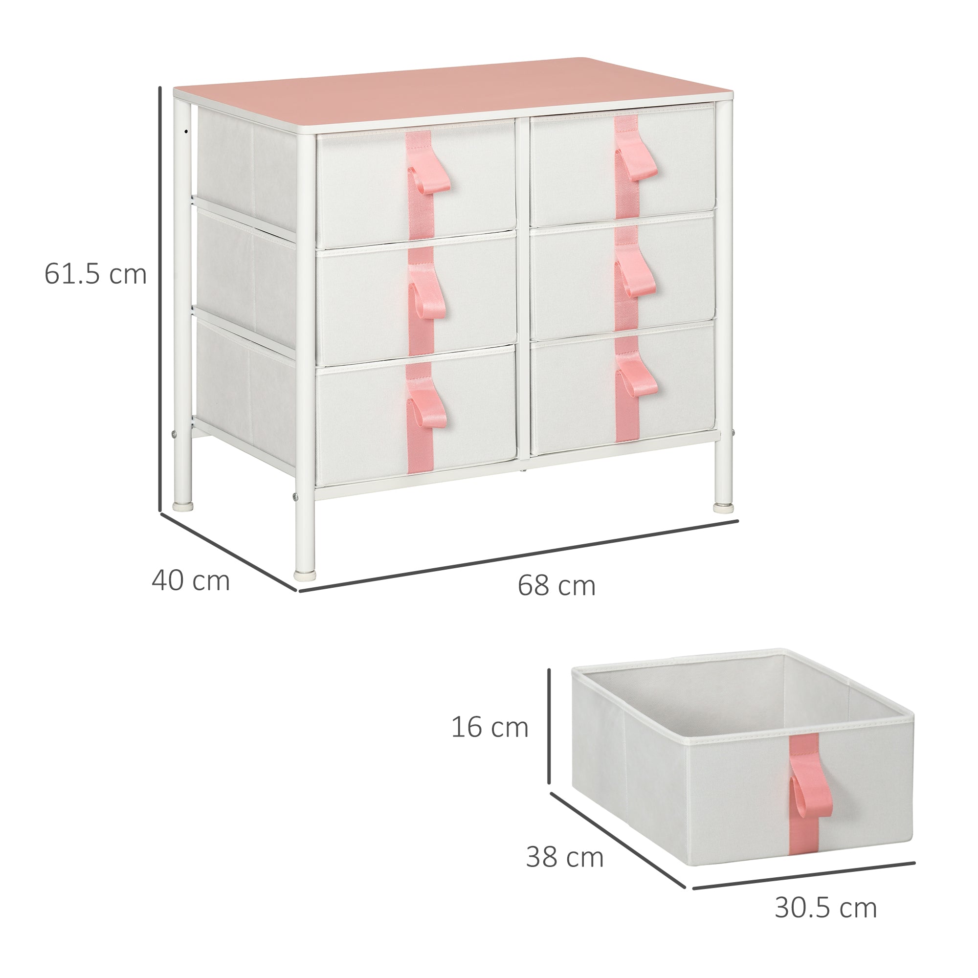 Chest of Drawers: 6 Fabric Drawers, Metal Frame, Wooden Top, Pink