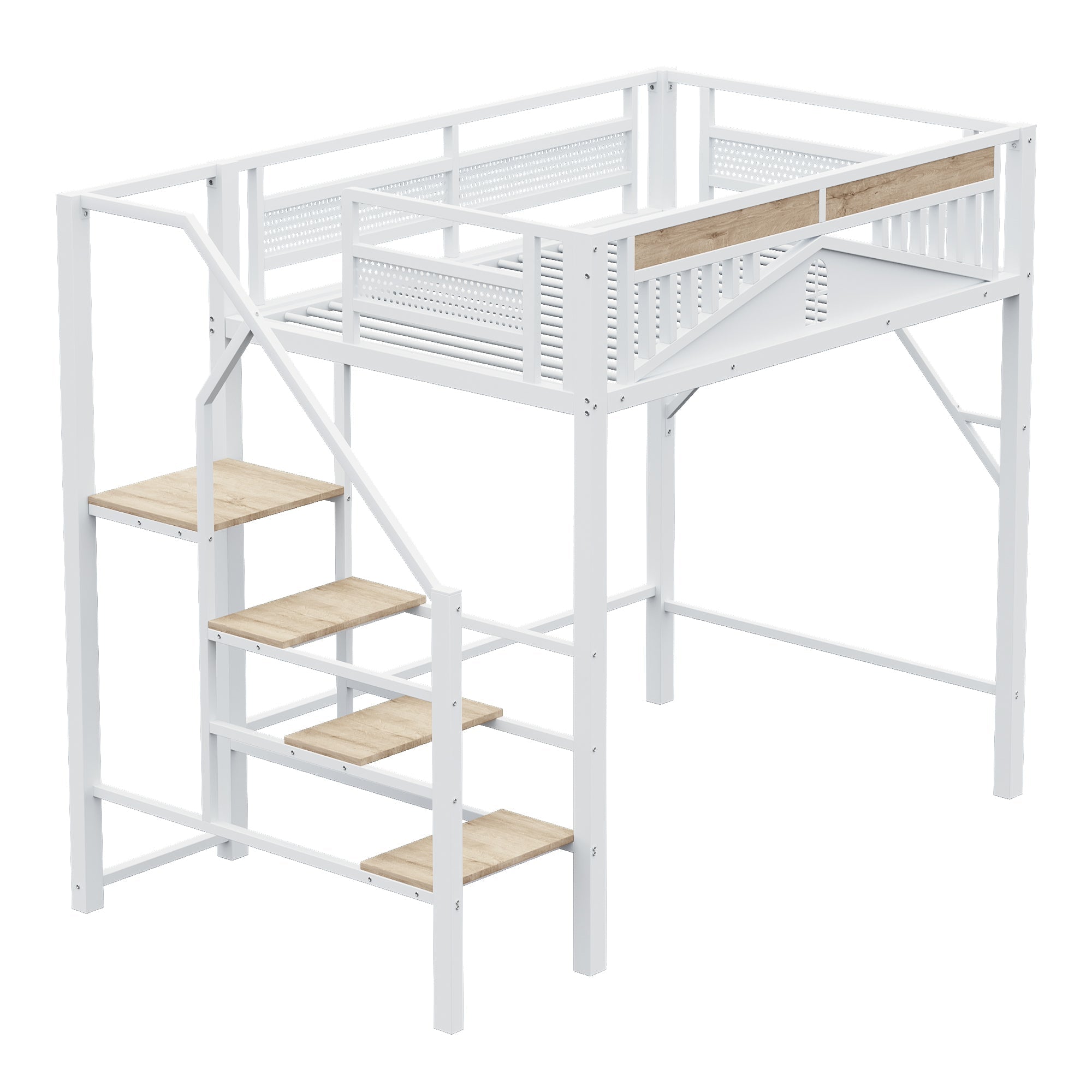 Metal Loft Bed, 140x200cm with Window Design, Safety Ladder, Storage, White