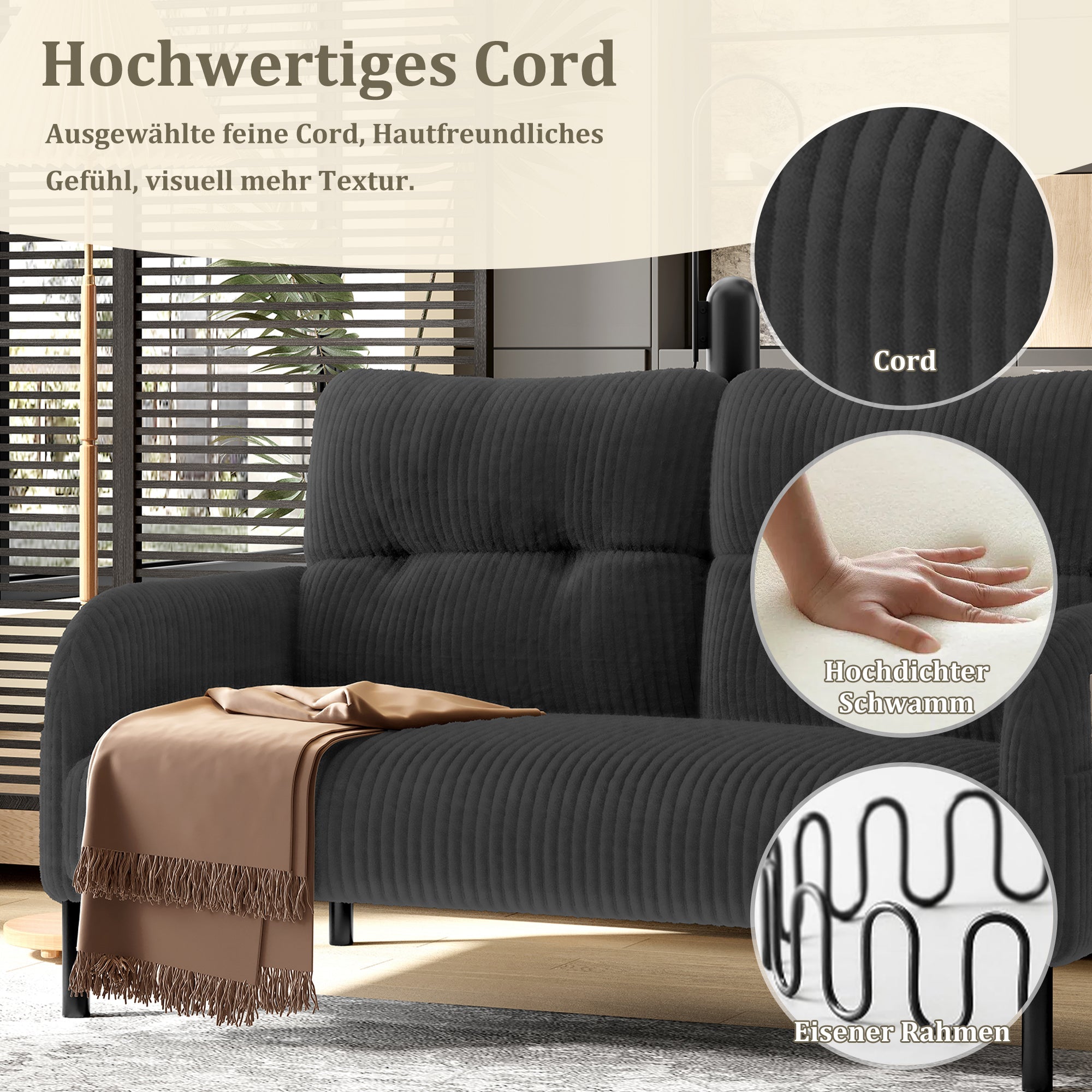Corduroy Two-Seater Sofa, Comfort Padding High Backrest Side Pockets, Metal Feet