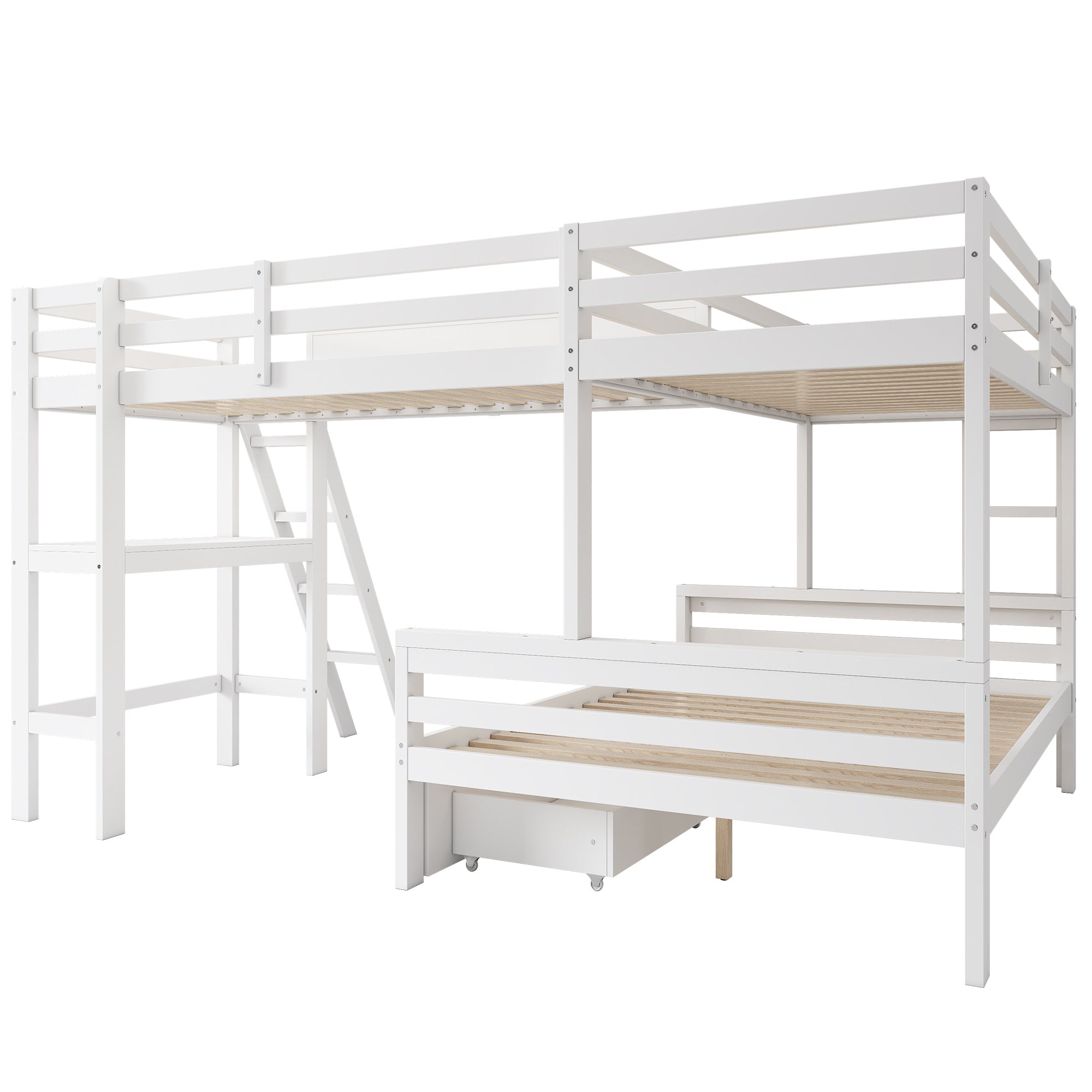 Children's Loft Bed with Desk, Shelf and Drawers, Sleeps Three, 90x200cm and 140x200cm, White Pine Wood