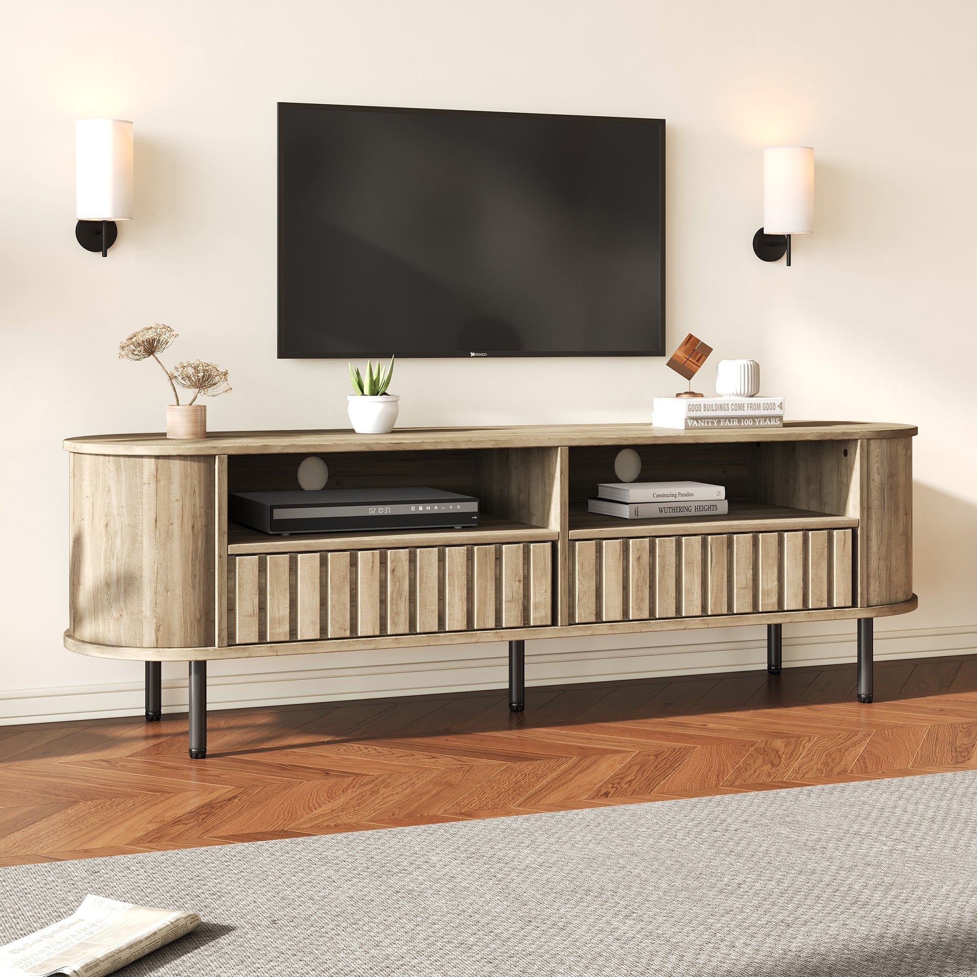 TV Cabinet Lowboard 160cm 2 Doors 2 Drawers for 65 Inch - Natural Wood