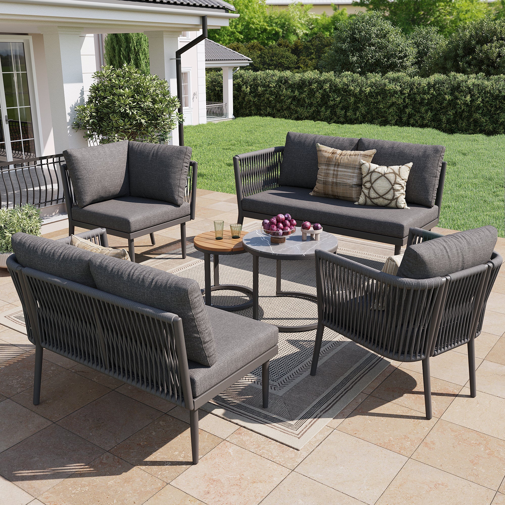 Garden Lounge Set for 5-6 People, 6-Piece Modular Corner Outdoor Sofa with Cushions, PE Rattan Grey