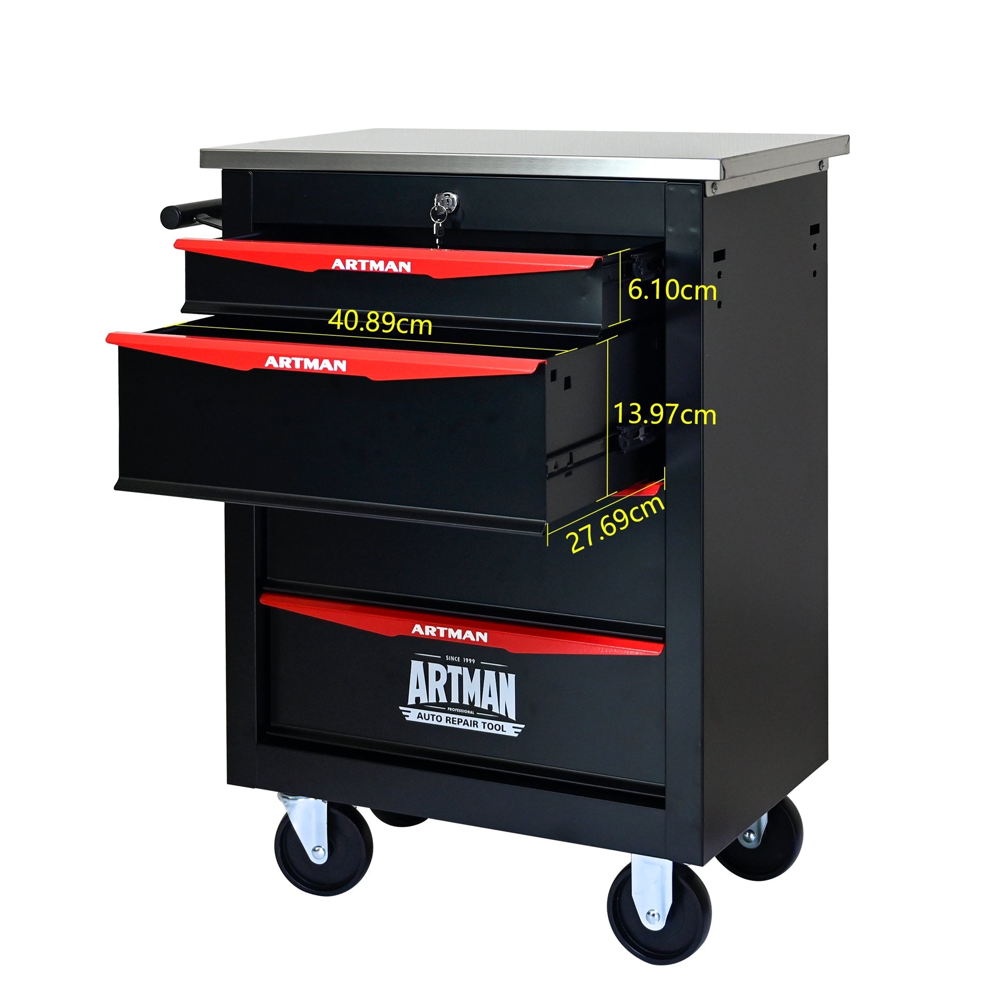 Tool Trolley 4-Drawer Metal Rolling Storage with Stainless Steel Roof Black & Red