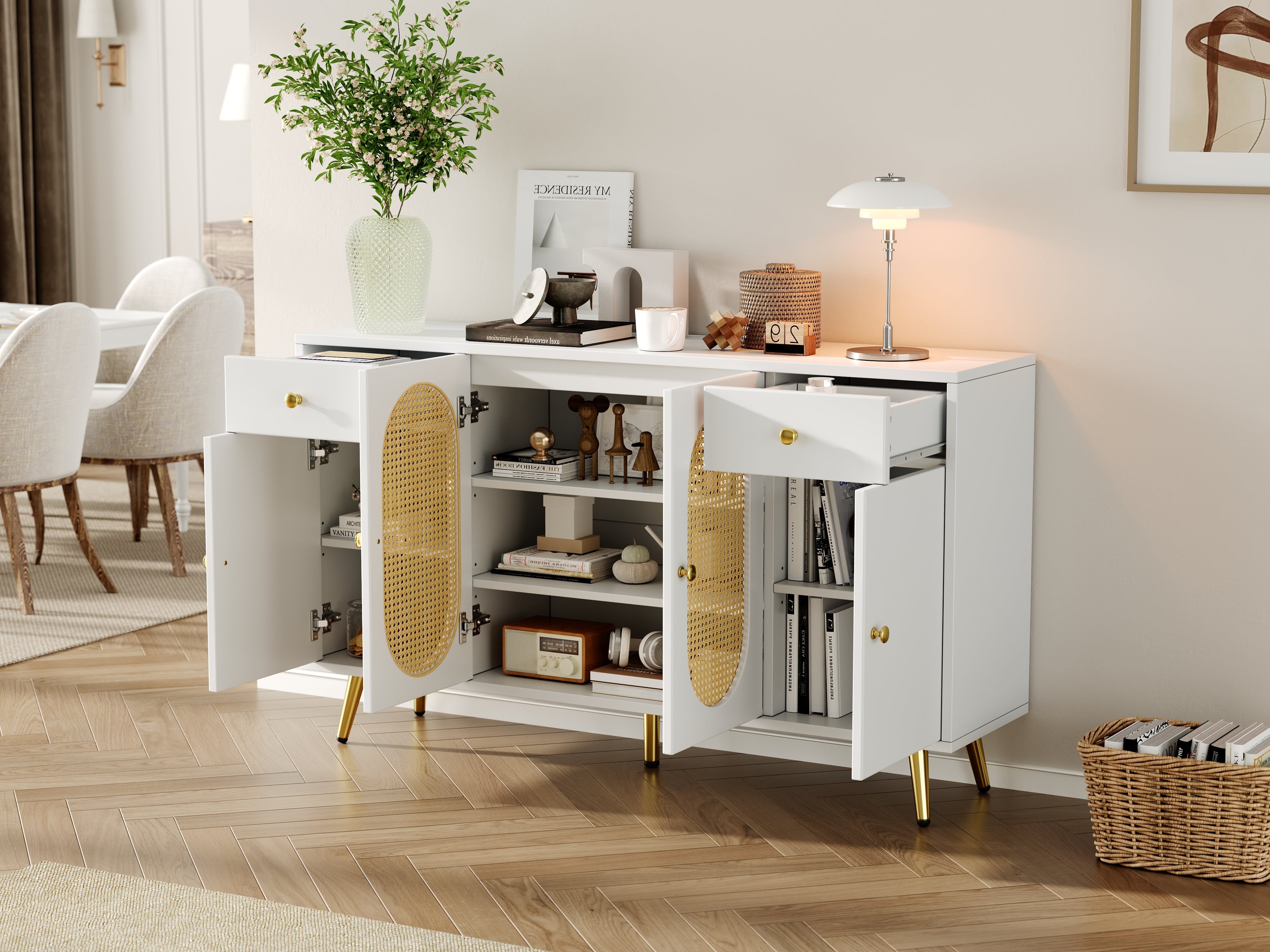 Chest of Drawers Sideboard 2 Drawers 4 Doors Adjustable Shelves White/Natural