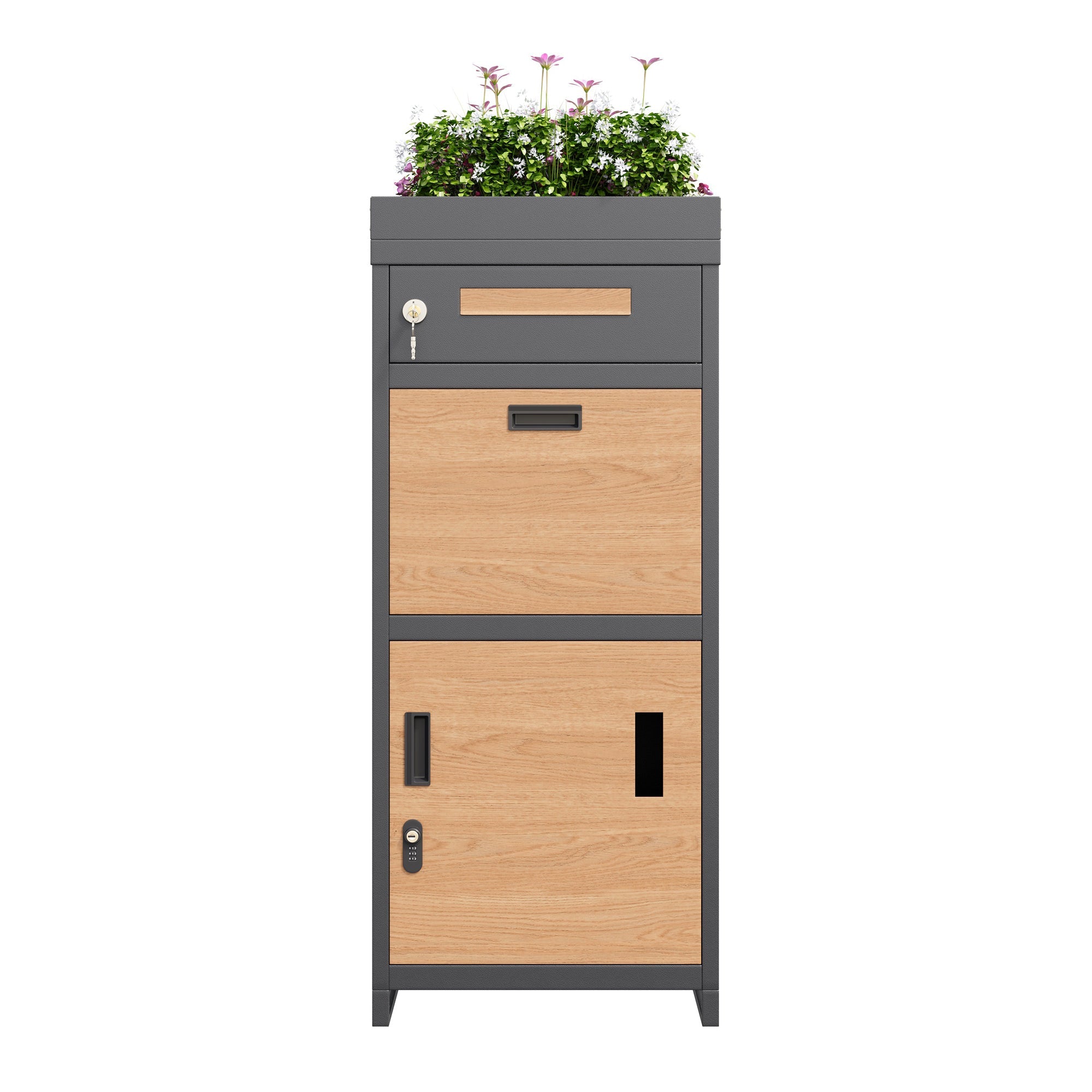 Parcel Mailbox with Combination Lock and Flower Bed, Integrated Lockable Storage Cabinet, Metal