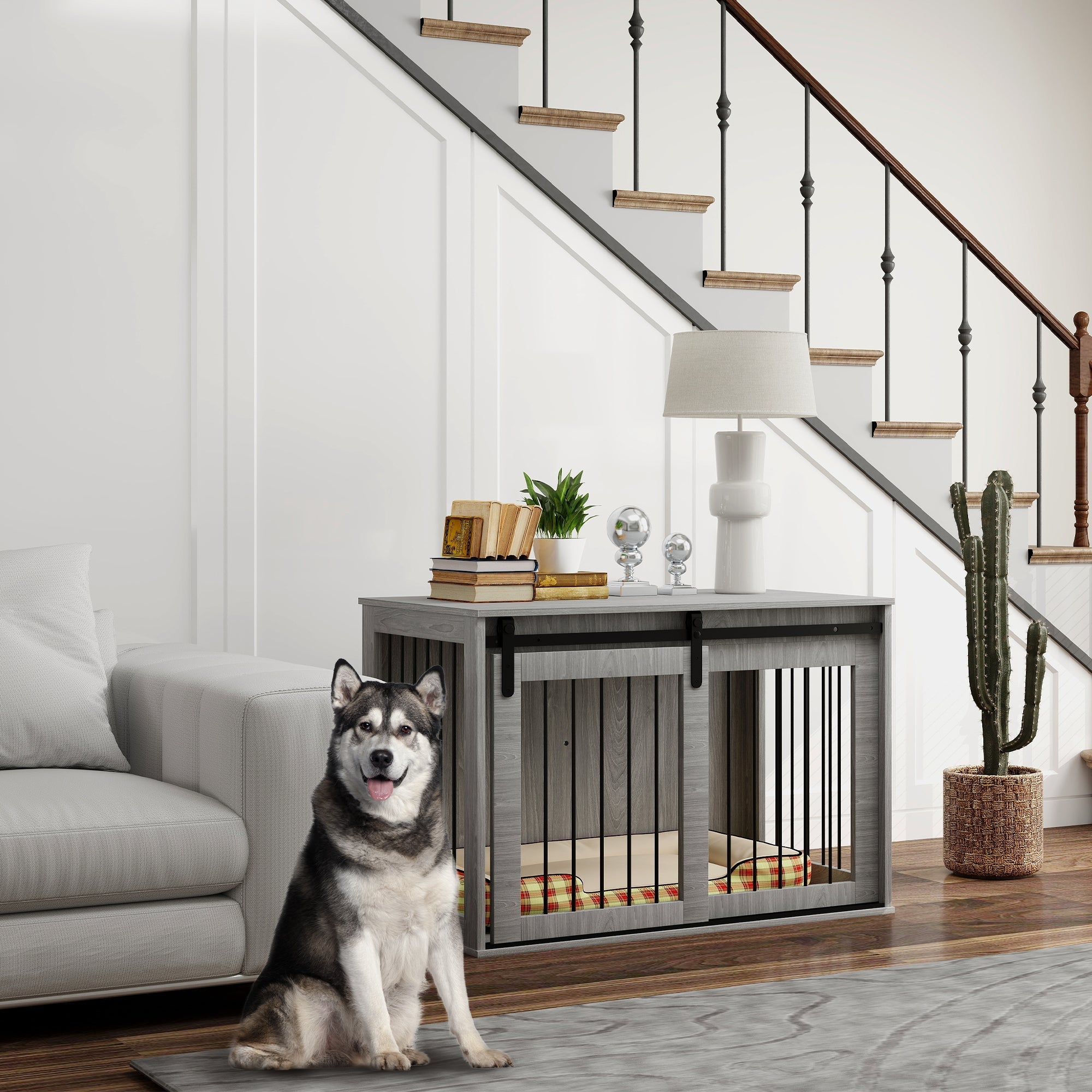 Dog Cage, Lockable Sliding Door, for Large Dogs, Grey