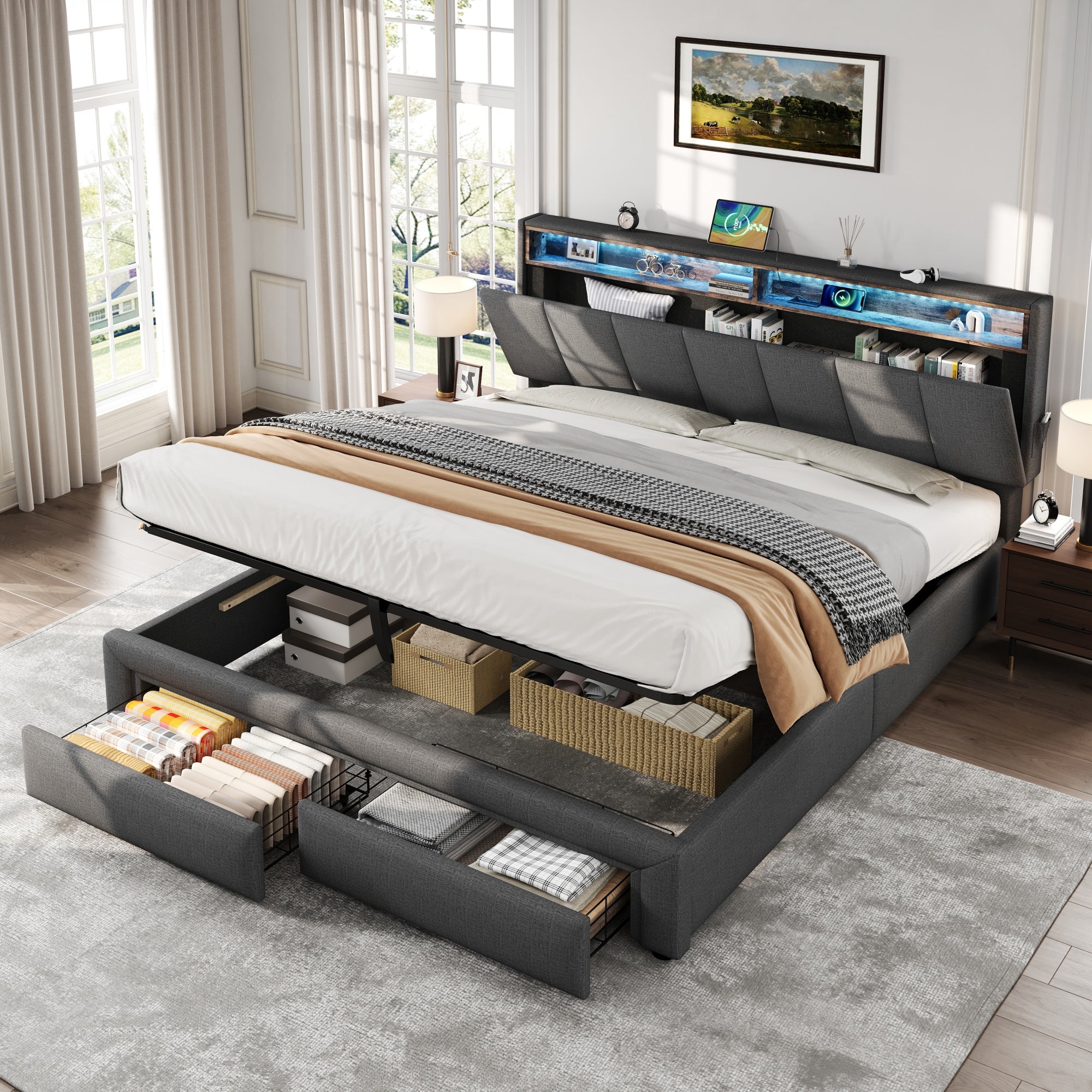 King Upholstered Bed Frame Hydraulic & Drawers Storage, LED Adjustable Headboard, Linen Grey
