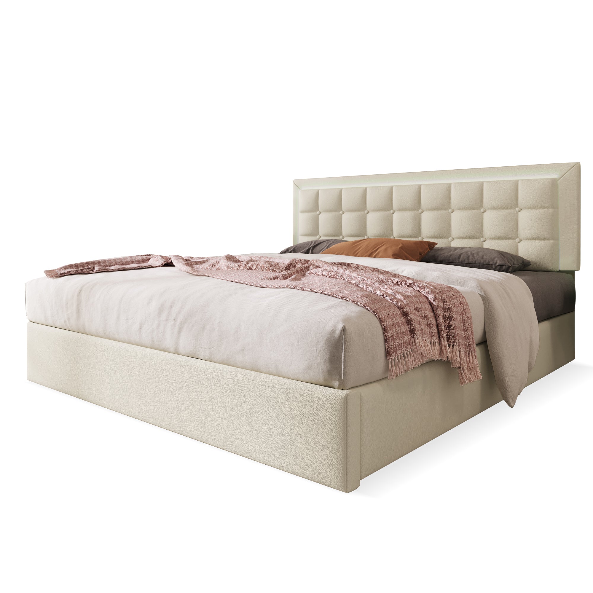 Upholstered Bed, 160x200cm LED Storage Double, White Faux Leather