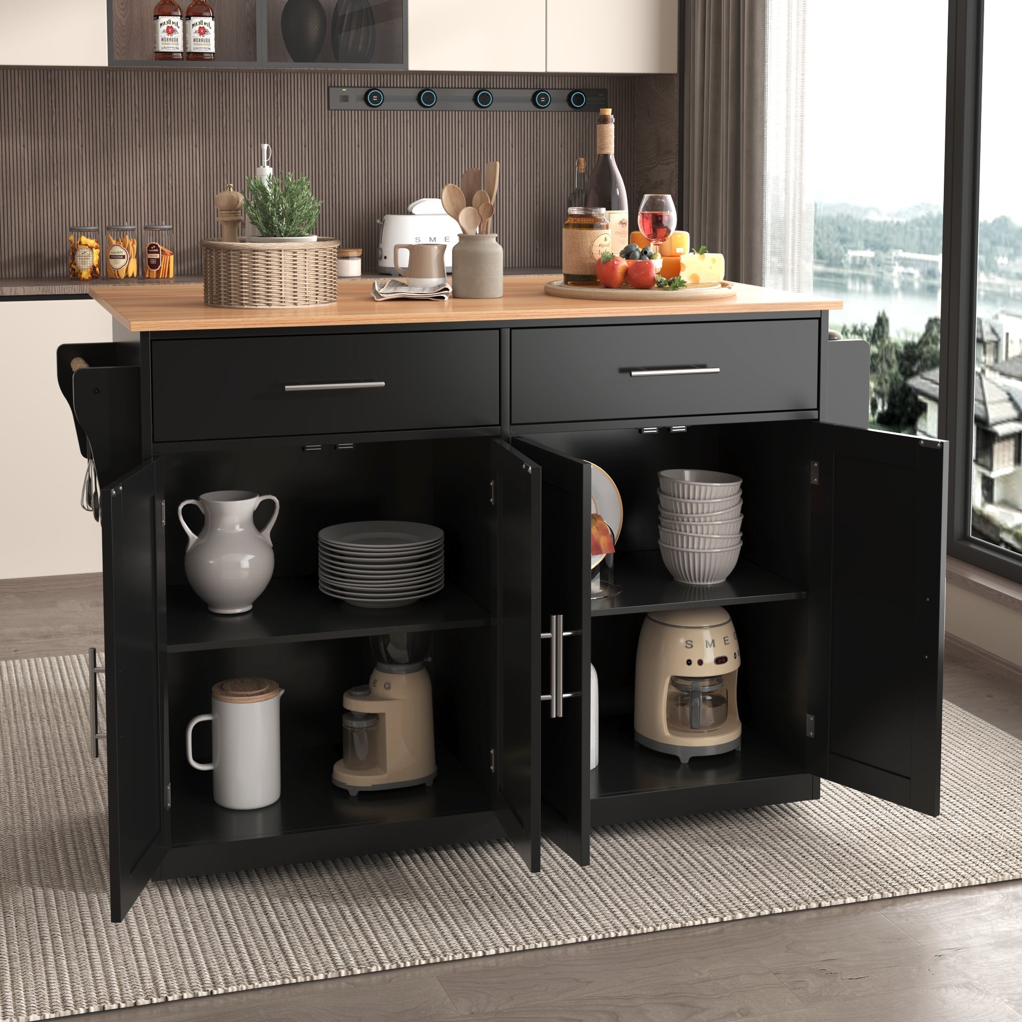 Serving Trolley 120cm Folding Tabletop Casters Wood Legs Black