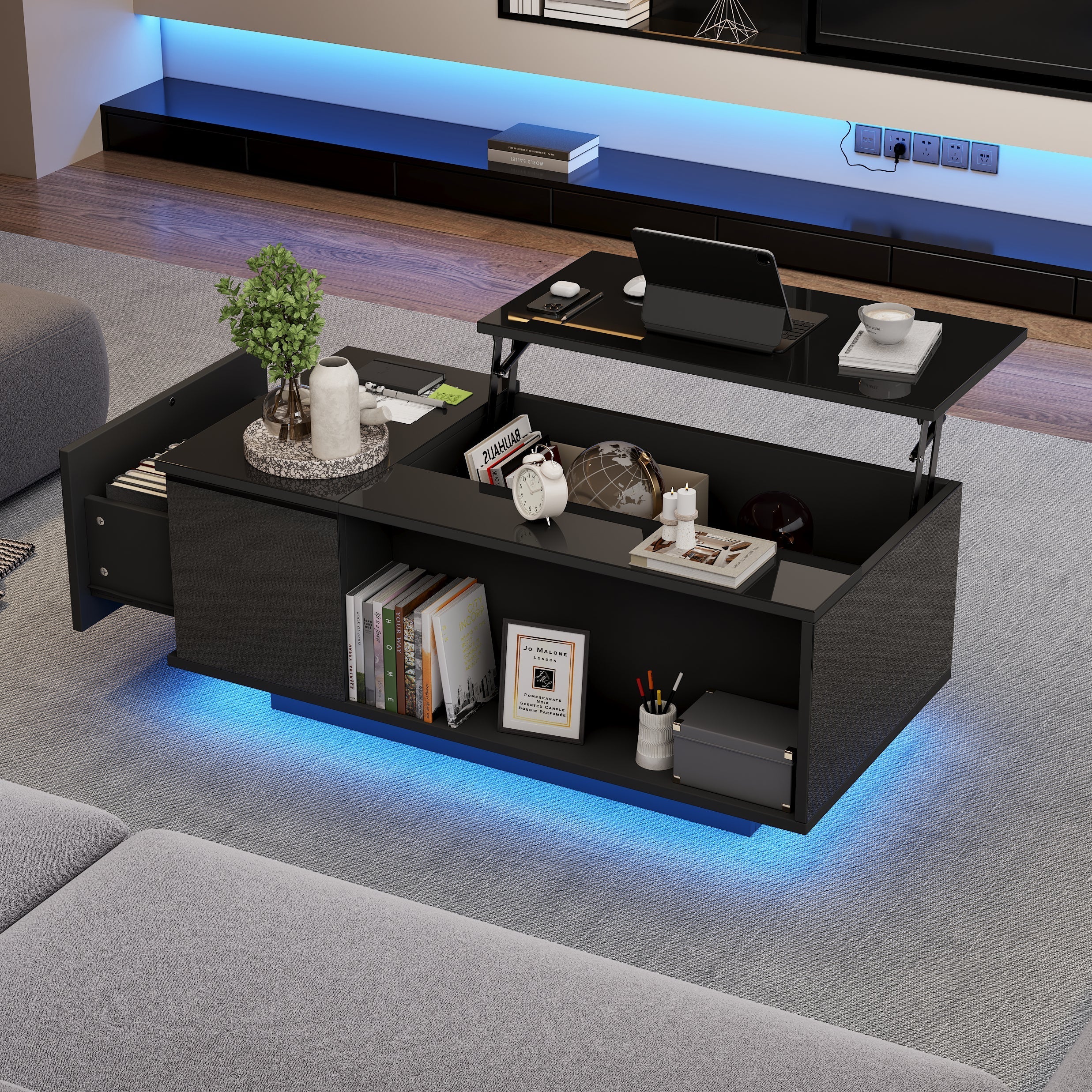 Coffee Table, Height-Adjustable with Hidden Storage & LED Light, Black