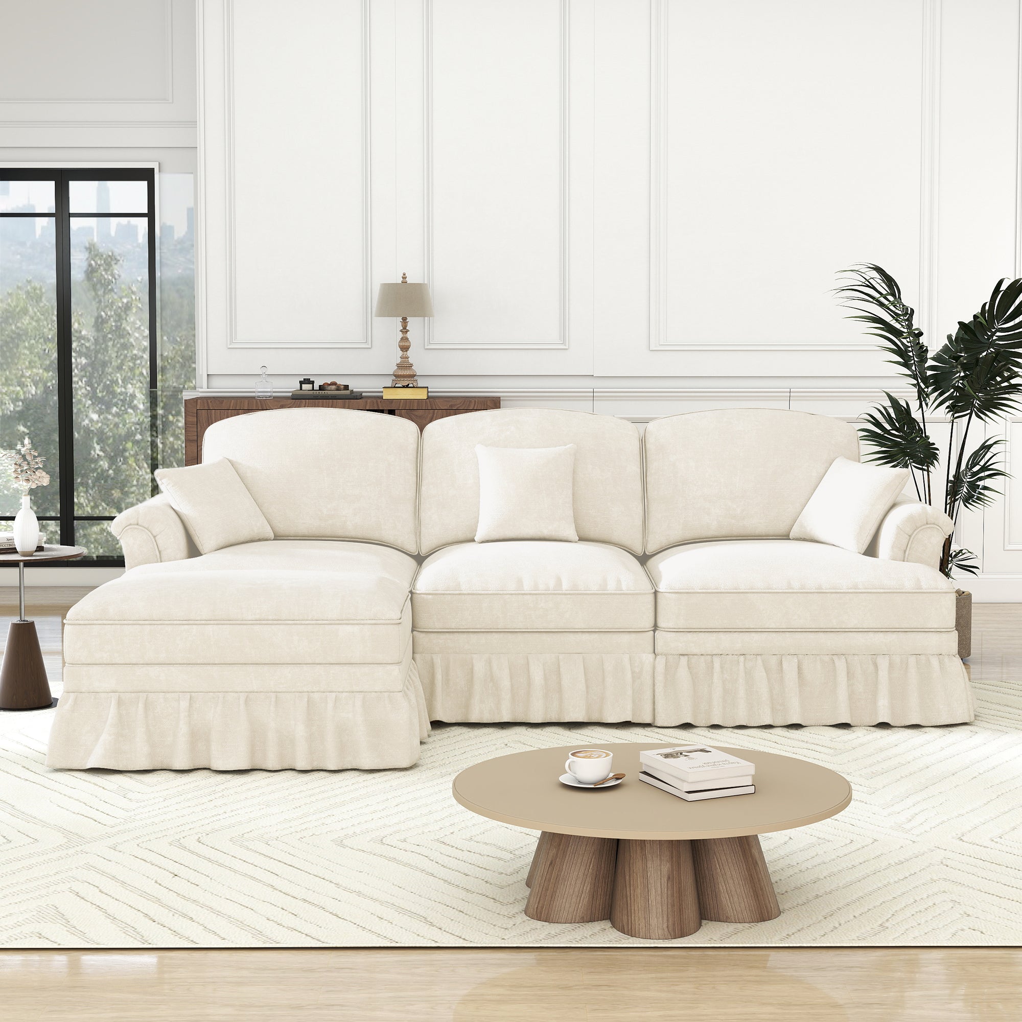Modular L-Shaped Sofa 3-Seater Mid-Century Ottoman - White Chenille